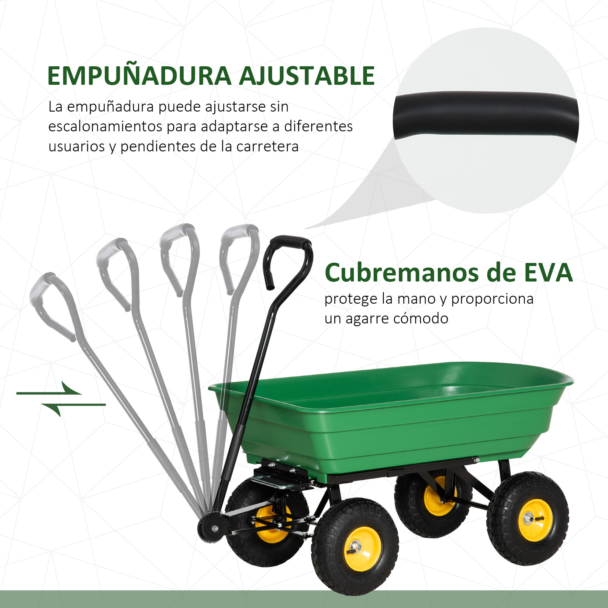 Carro de Jardín con Carrocería Inclinable hasta 75° Carretilla de Transporte con Mango Ajustable con 4 Neumáticos Capacidad Max.75 L Acero 109x52x94 cm Verde Oscuro