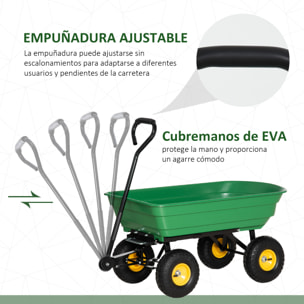 Carro de Jardín con Carrocería Inclinable hasta 75° Carretilla de Transporte con Mango Ajustable con 4 Neumáticos Capacidad Max.75 L Acero 109x52x94 cm Verde Oscuro