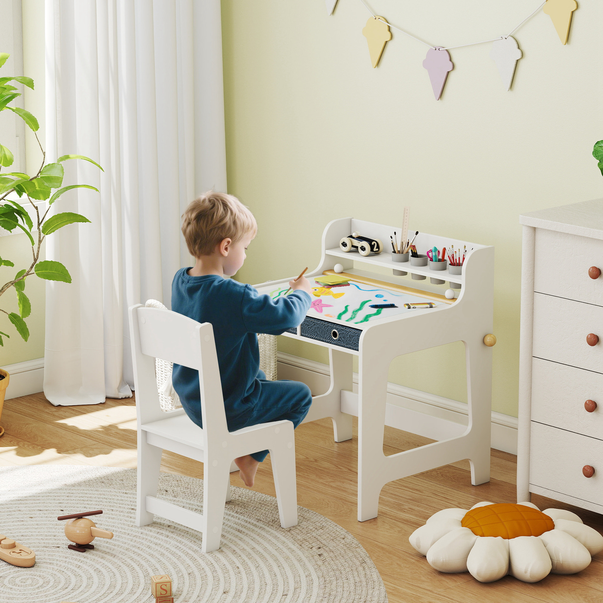 Escritorio Infantil con Silla, Pupitre Infantil con 2 Cajones Extraíbles, Estante y Portavasos, para Estudiar, Leer y Dibujar, Mesa para Niños para Dormitorio, Sala Estudio, Blanco