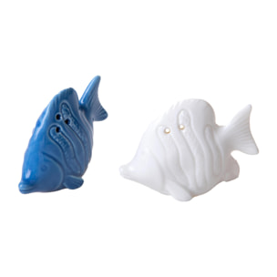 Set 2 pesci sale e pepe - Pezzi 6 - 5,8xH7,8x3,4cm - Colore: Bianco/Azzurro - Bianchi Dino -