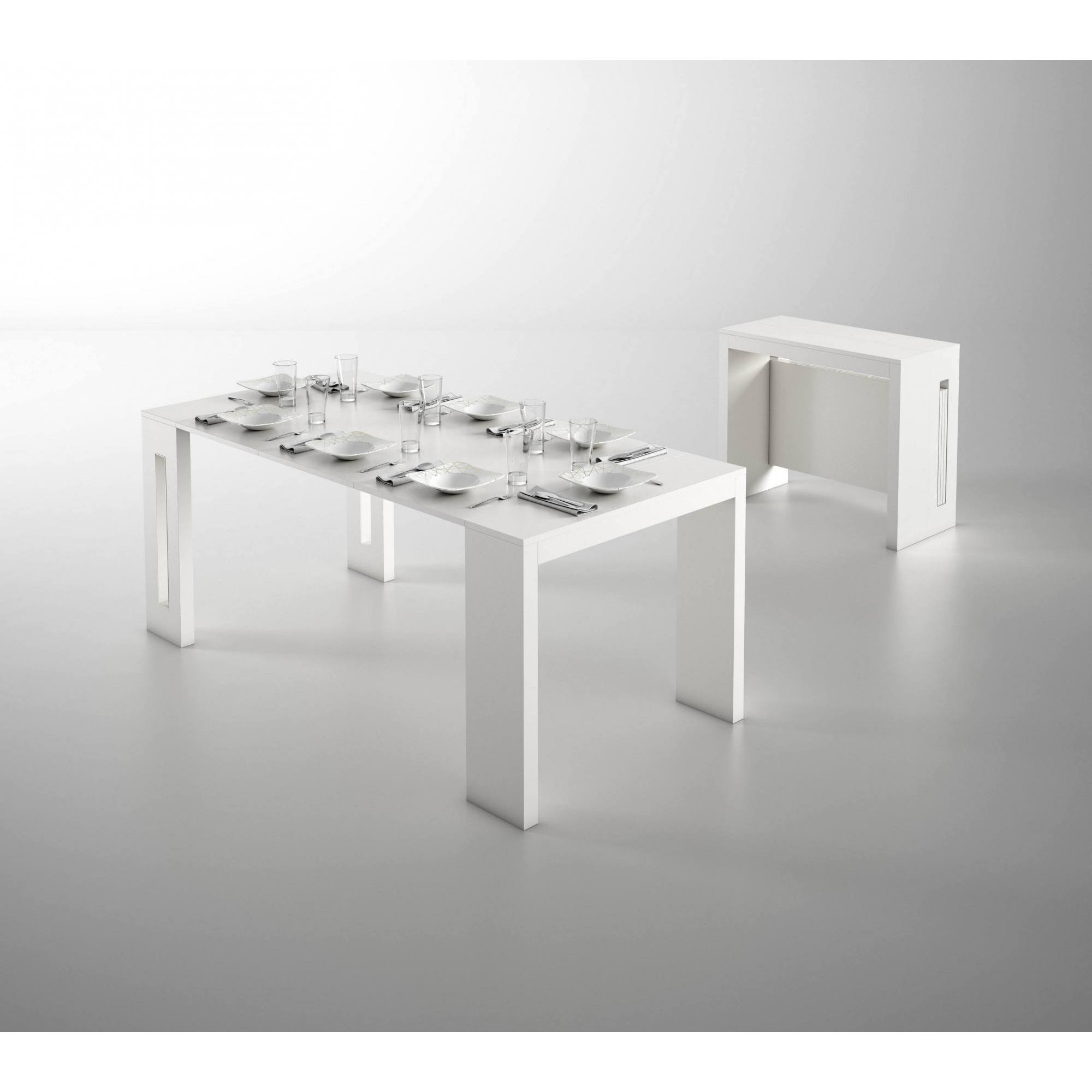 Tavolo allungabile Glicine, Tavolo da pranzo estensibile, Consolle multiuso con allunghe, 100% Made in Italy, Cm 186x80h76, Bianco