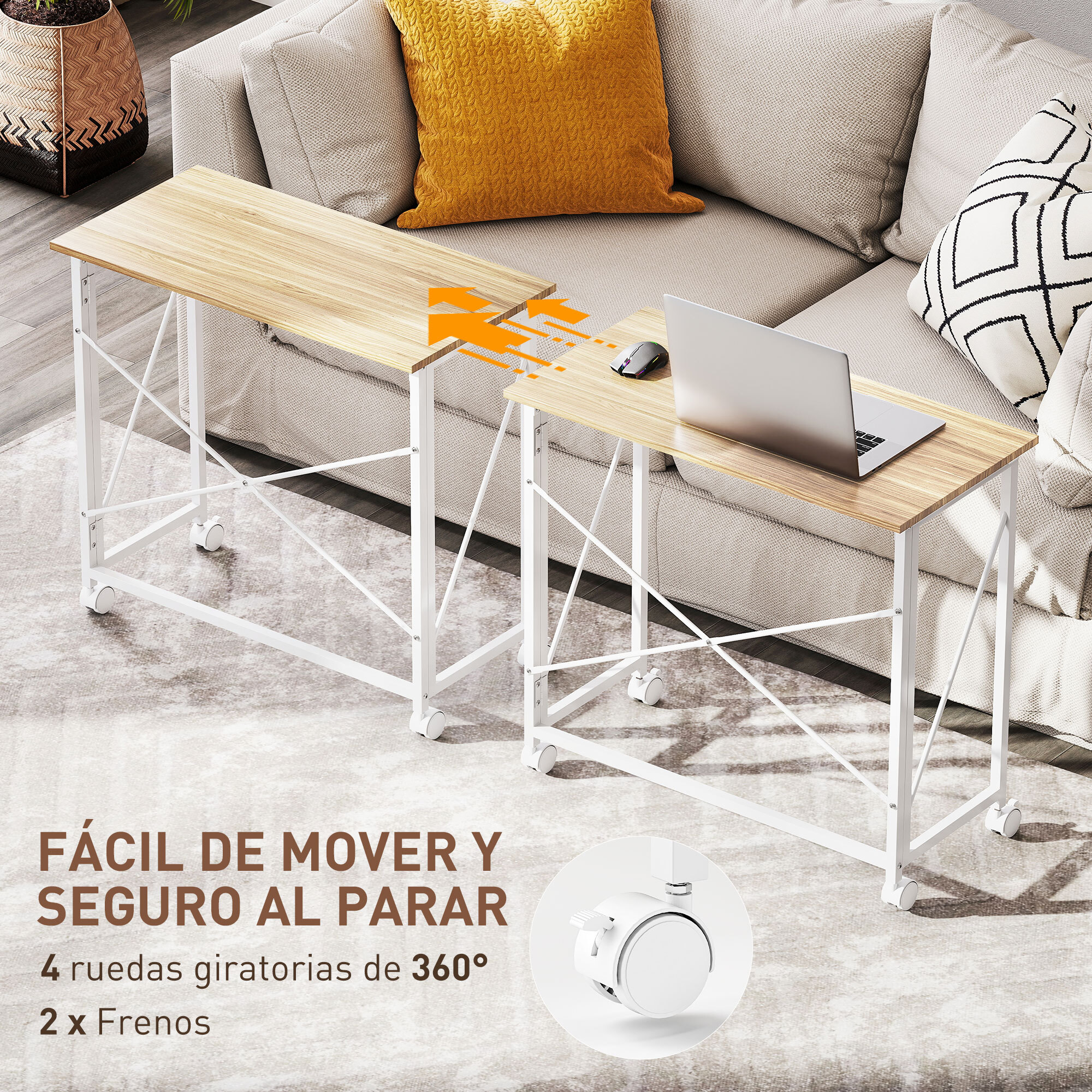 Escritorio Plegable con Ruedas Mesa Escritorio Compacta Mesa de Ordenador Portátil para Casa Oficina Espacios Pequeños 80x40x75 cm Natural