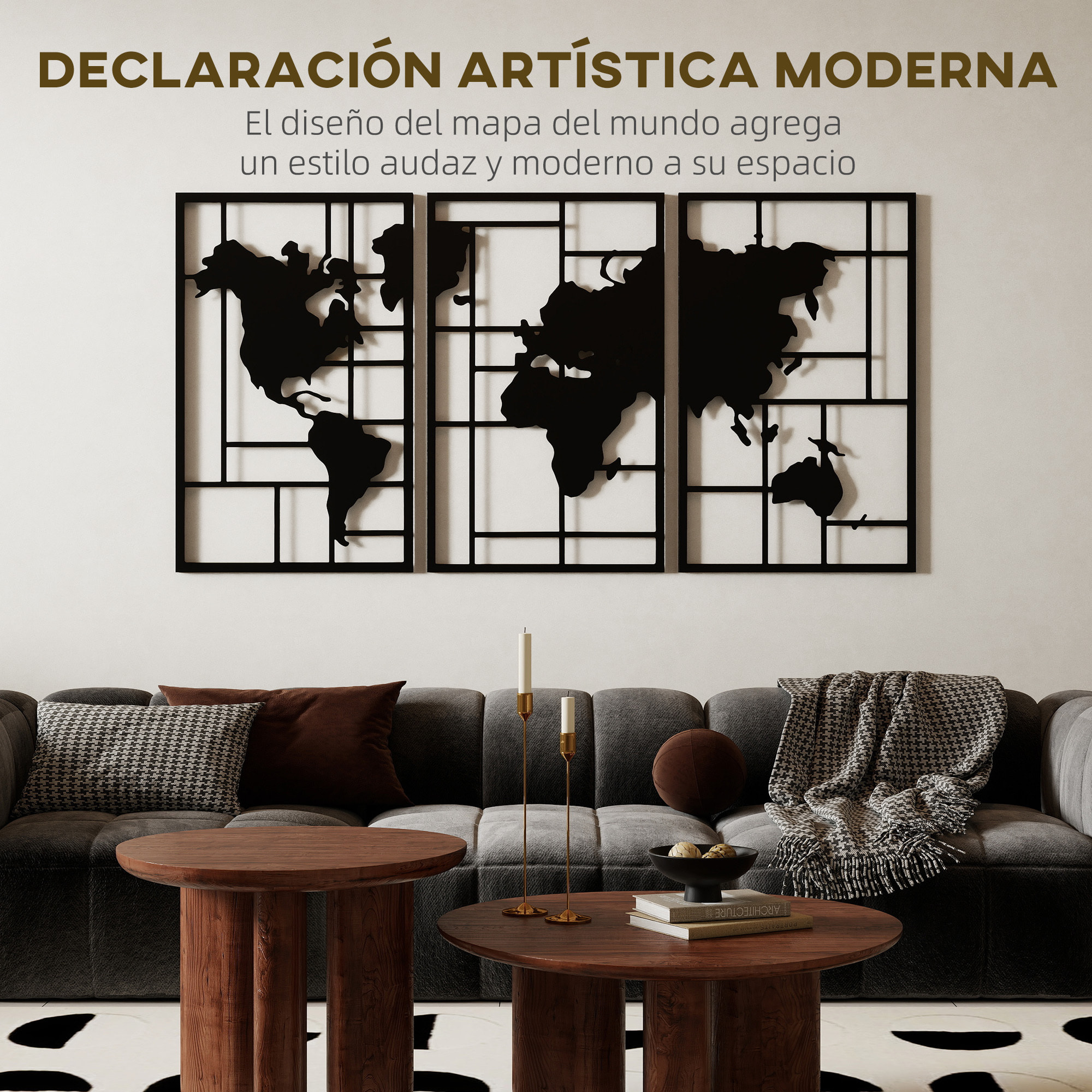 Decoración de Metal para Pared de Mapa Mundial, Juego de 3 Piezas, Adornos de Pared Metálicos, para Salón, Dormitorio, Pasillo, Negro