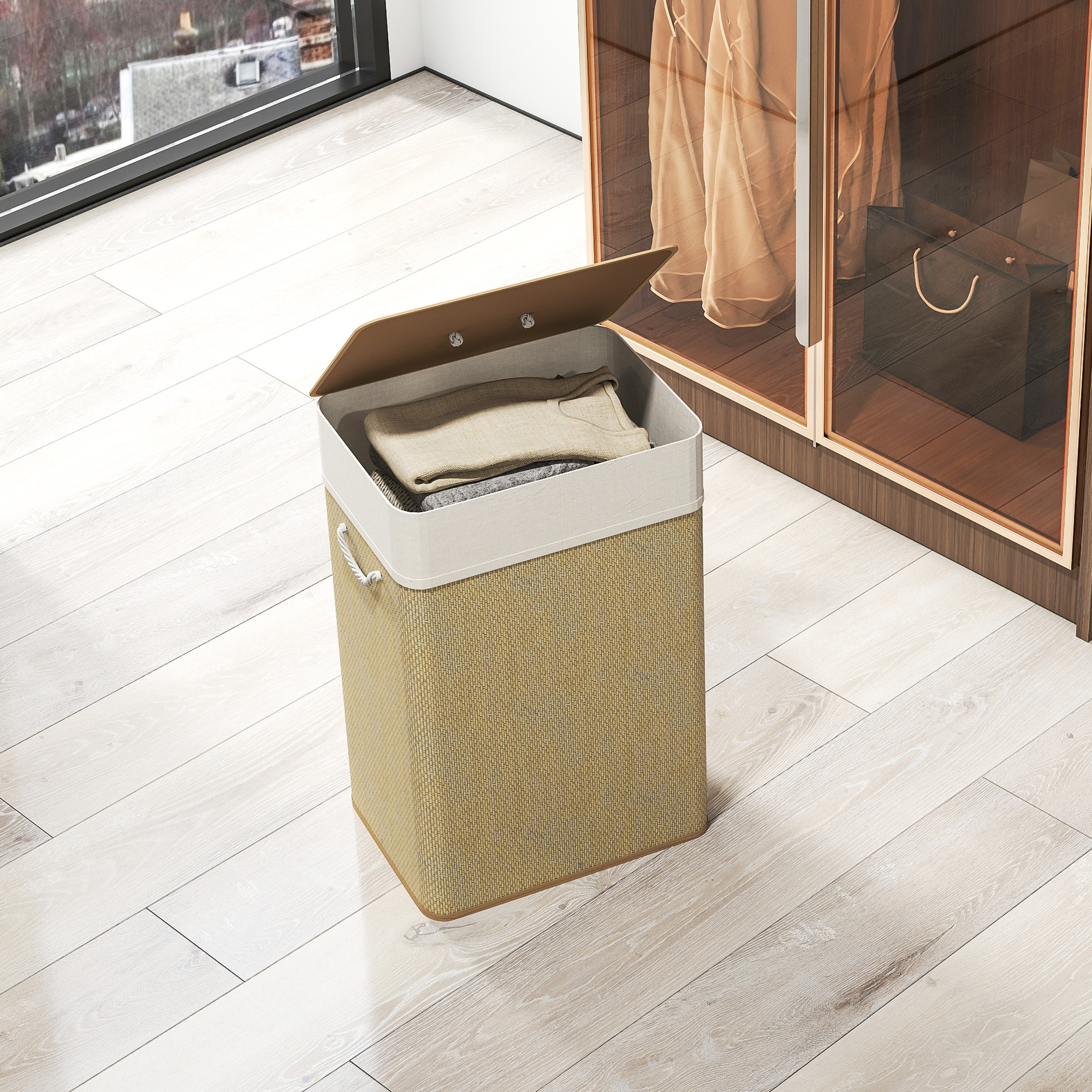 Panier à linge rectangulaire bambou 72L déhoussable lavable beige