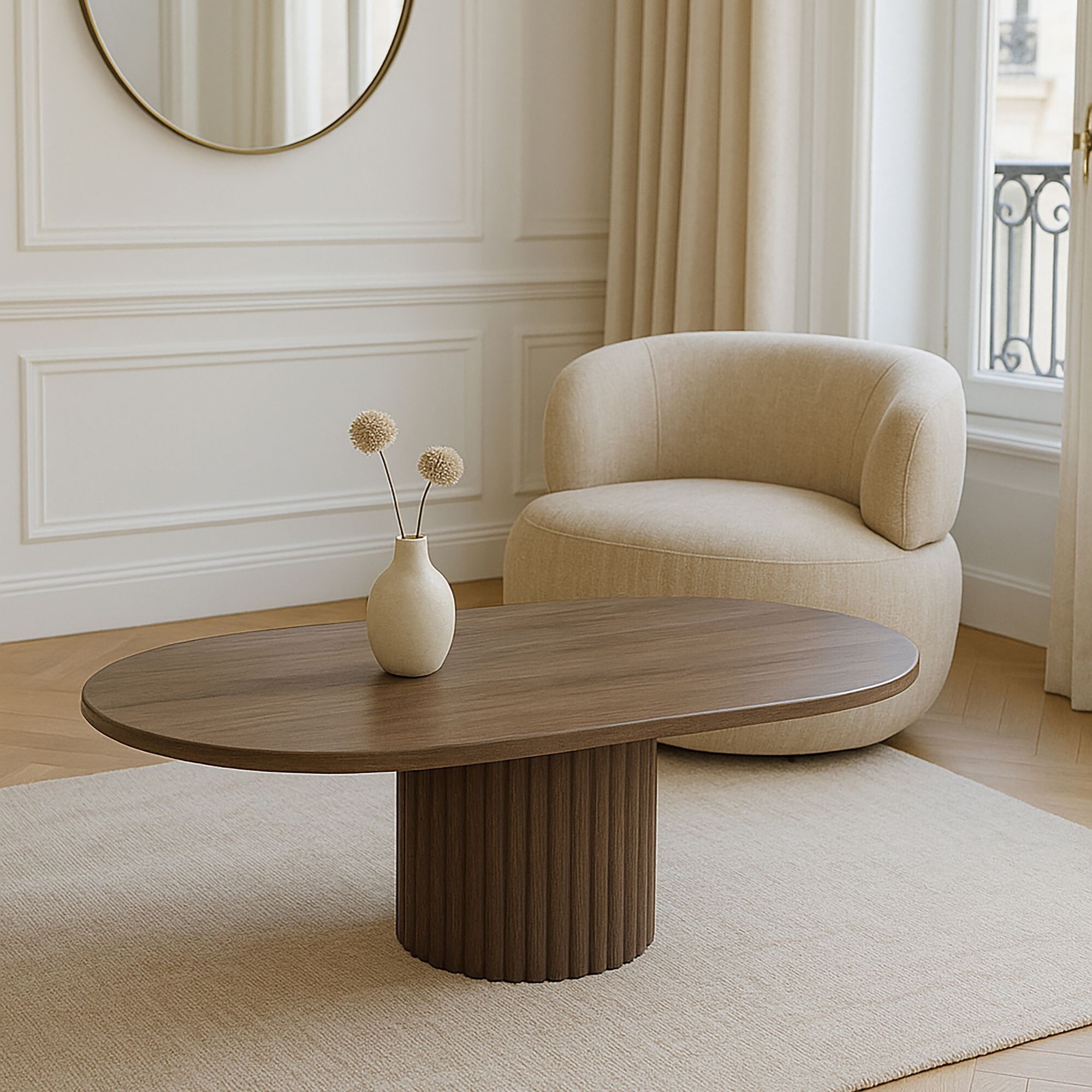Table basse ovale effet bois couleur noyer 110cm SIERRA