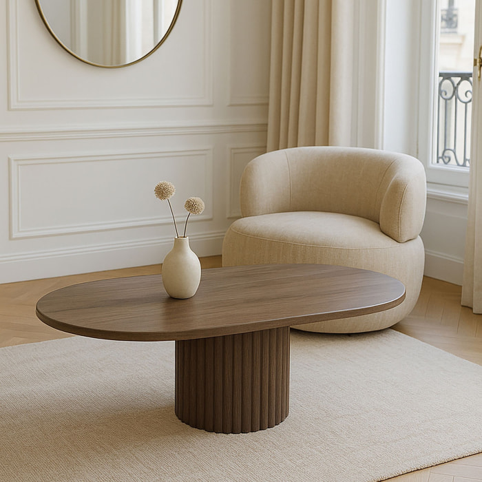 Table basse ovale effet bois couleur noyer 110cm SIERRA