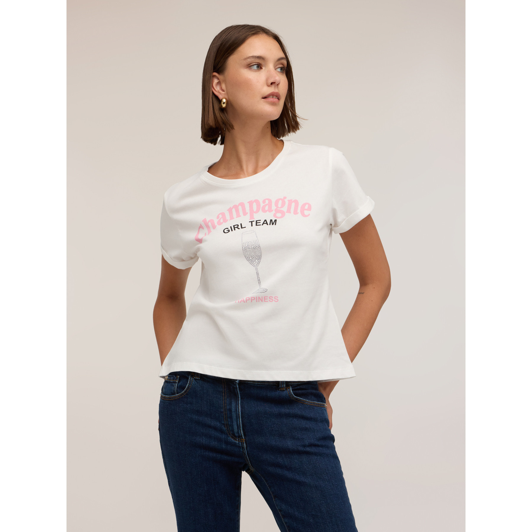 Motivi - Camiseta con estampado y aplicaciones de estrás - Blanco