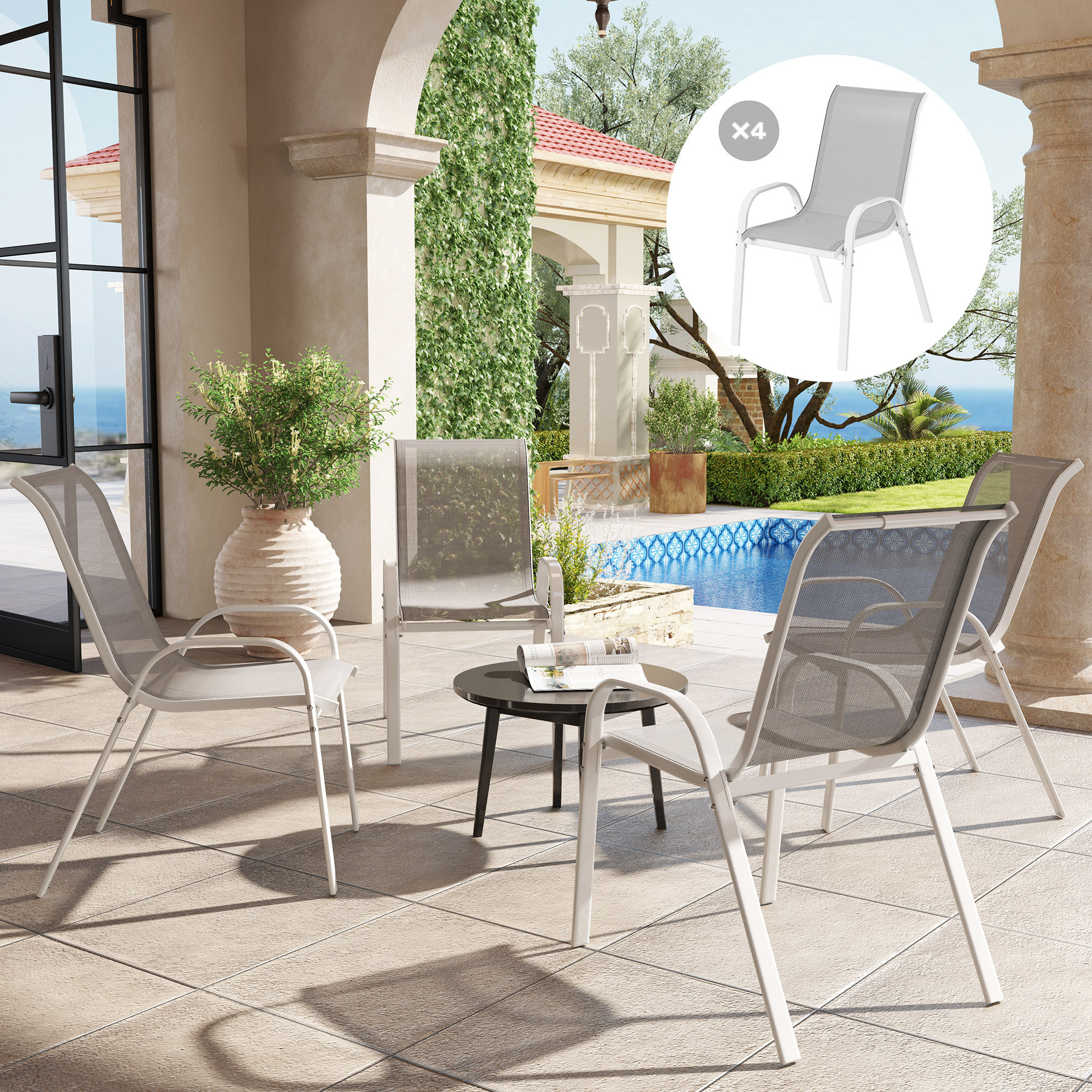 Juego de 4 Sillas de Jardín Exterior Sillas Terraza Exterior Apilables Sillas de Jardín con Tela Transpirable Marco de Acero Reposabrazos y Respaldo 54x71x93 cm Gris y Blanco