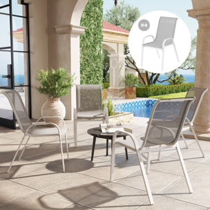 Juego de 4 Sillas de Jardín Exterior Sillas Terraza Exterior Apilables Sillas de Jardín con Tela Transpirable Marco de Acero Reposabrazos y Respaldo 54x71x93 cm Gris y Blanco