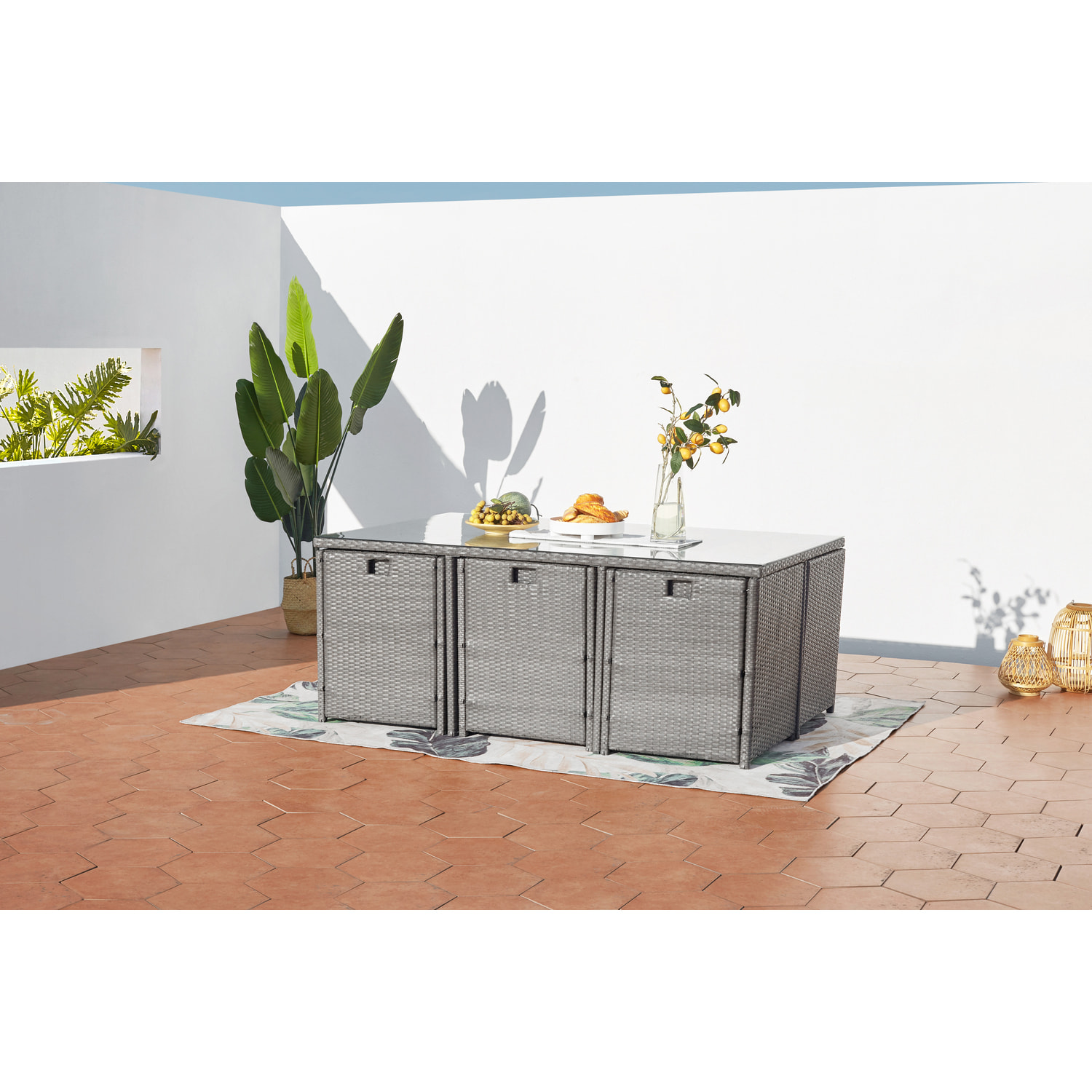 Table et chaises 10 places encastrables résine gris-blanc REGINA