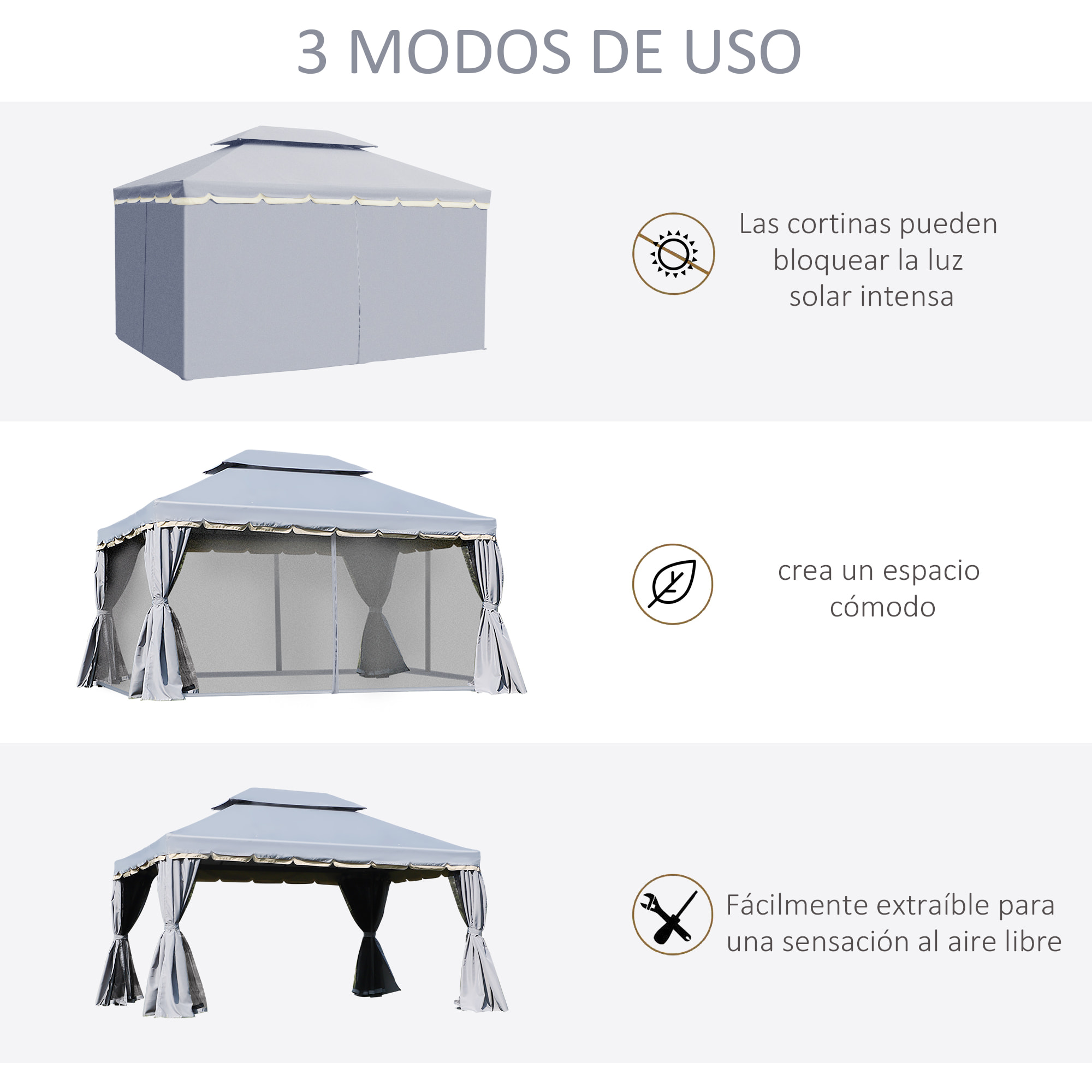 de Jardín 4x3 m, Pabellón de Jardín Gazebo con Doble Techo, 4 Cortinas y Mosquitera, Marco de Aluminio, Orificios de Drenaje, UPF50+, Carpa para Exterior, Terraza, Patio, Gris