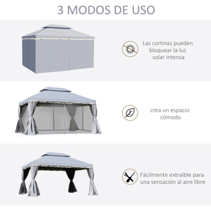 de Jardín 4x3 m, Pabellón de Jardín Gazebo con Doble Techo, 4 Cortinas y Mosquitera, Marco de Aluminio, Orificios de Drenaje, UPF50+, Carpa para Exterior, Terraza, Patio, Gris