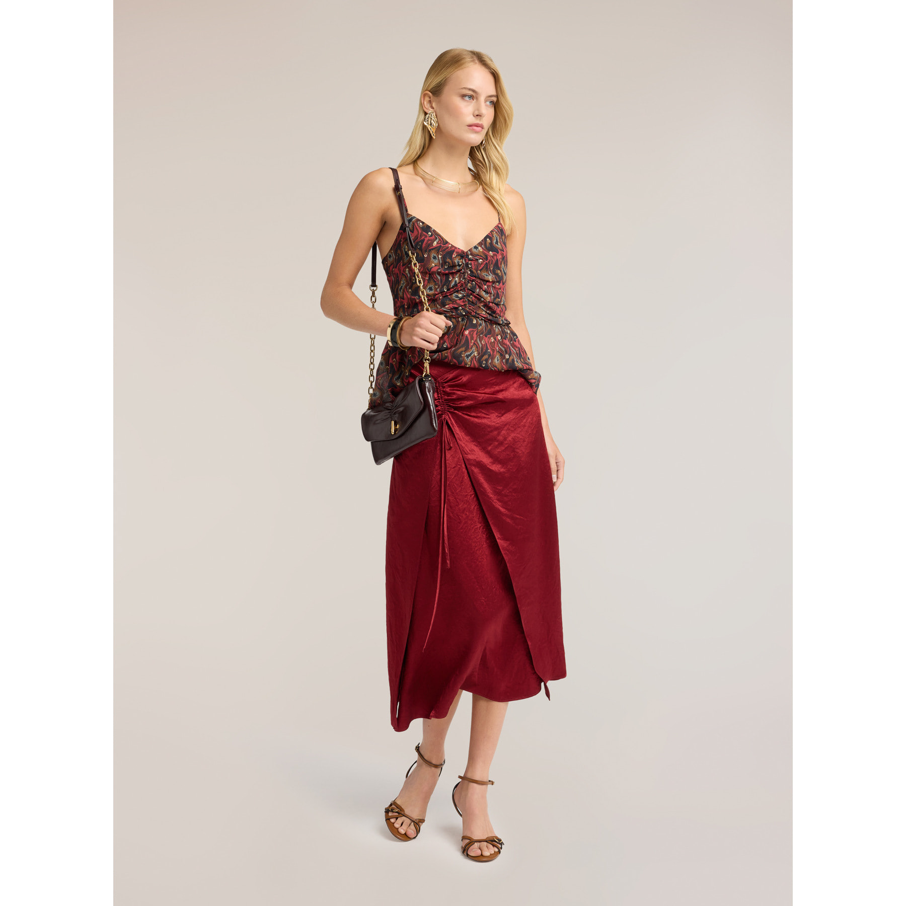 Motivi - Falda de raso con drapeado - Burgundy