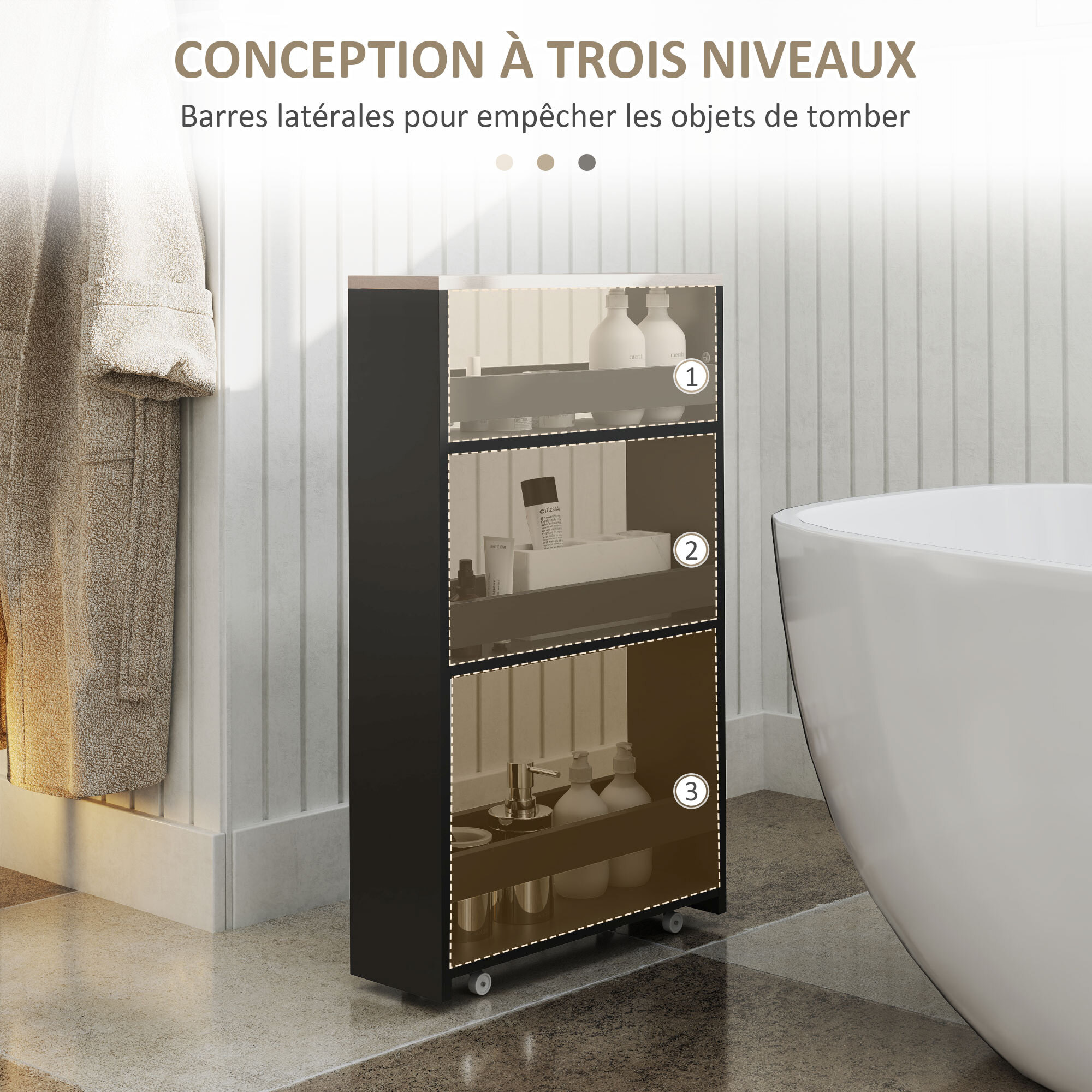 Meuble bas colonne rangement salle de bain à roulettes 3 niveaux dim. 48L x 15l x 80H cm MDF panneaux noir aspect chêne clair