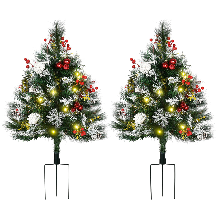 Sapins de Noël artificiel H. 75 cm aspect enneigé - lot de 2 sapins LED - 8 modes d'éclairage - 70 branches - décoration incluse - usage extérieur