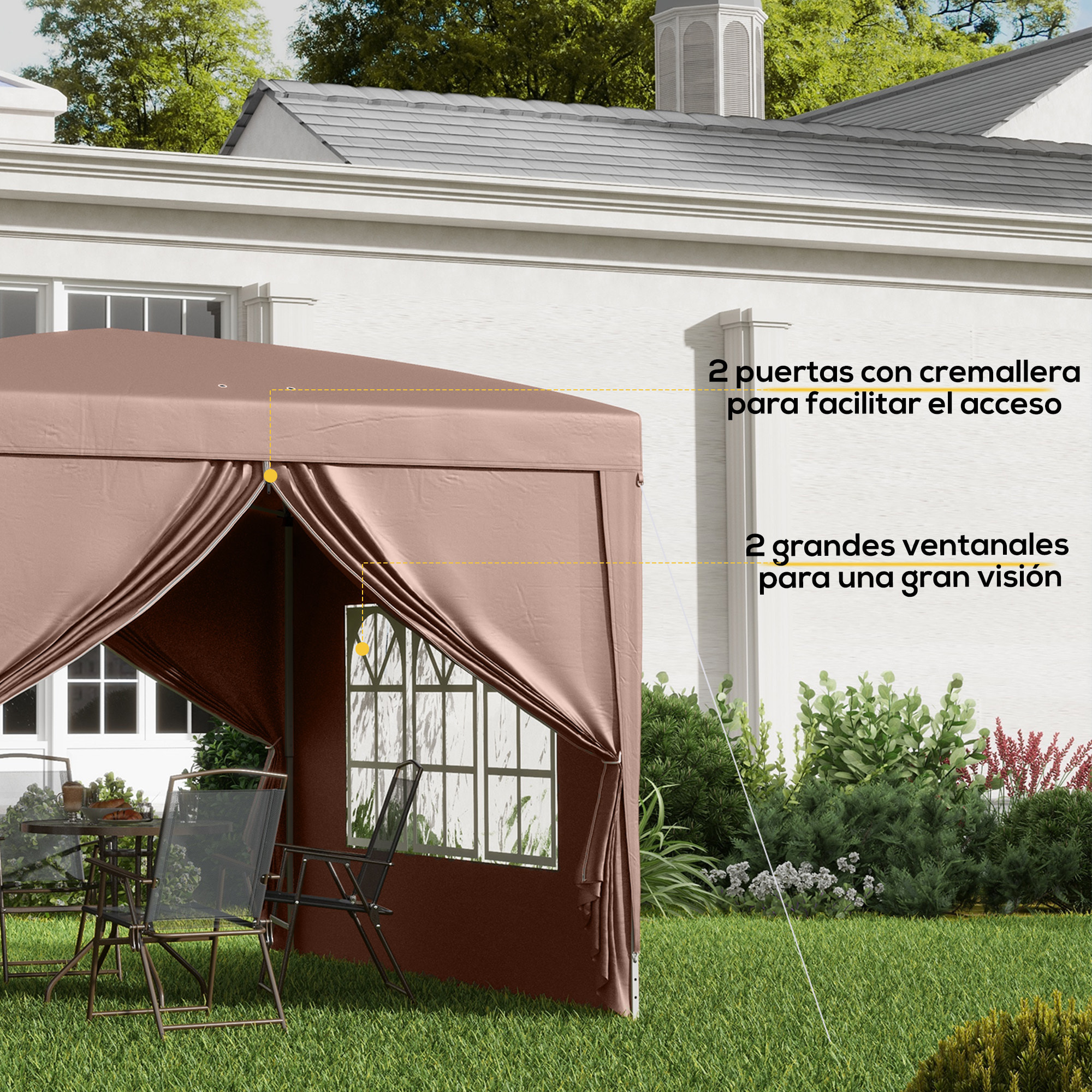 Carpa Plegable Pop-up Gazebo 3x3 m Cenador Plegable con 4 Paredes Laterales Anti-UV y Bolsa de Transporte para Camping Fiestas Café