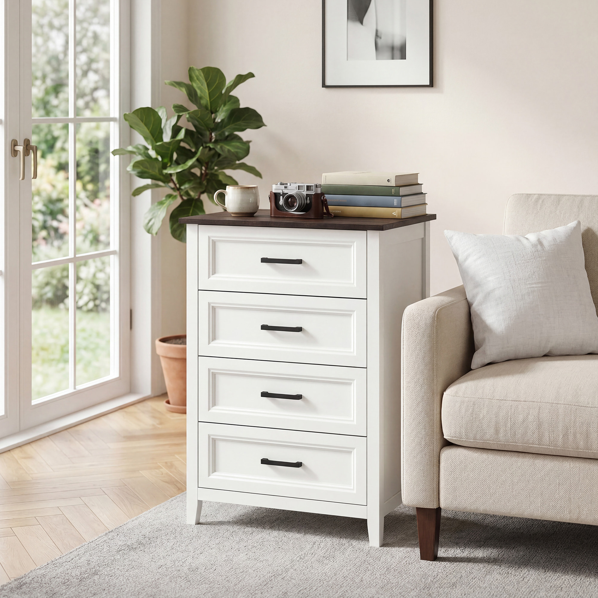 Cómoda 4 Cajones, Cómoda Dormitorio Estrecho y Alto con Encimera Efecto Madera, Cajonera para Espacios Pequeños, Salón, Oficina, 60x35x87 cm, Blanco