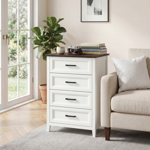 Cómoda 4 Cajones, Cómoda Dormitorio Estrecho y Alto con Encimera Efecto Madera, Cajonera para Espacios Pequeños, Salón, Oficina, 60x35x87 cm, Blanco