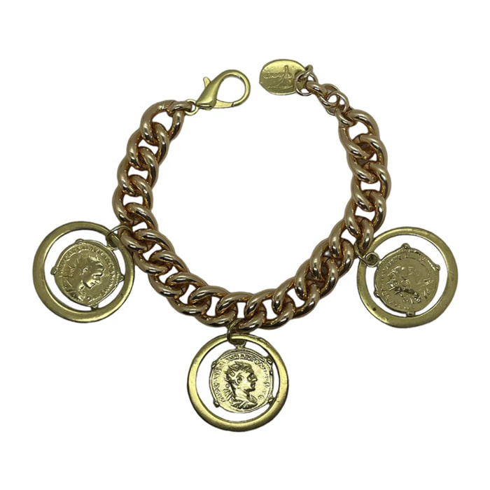 Pulsera Triple Aura con monedas tipo antigua en dorado. Aluminio ymetal