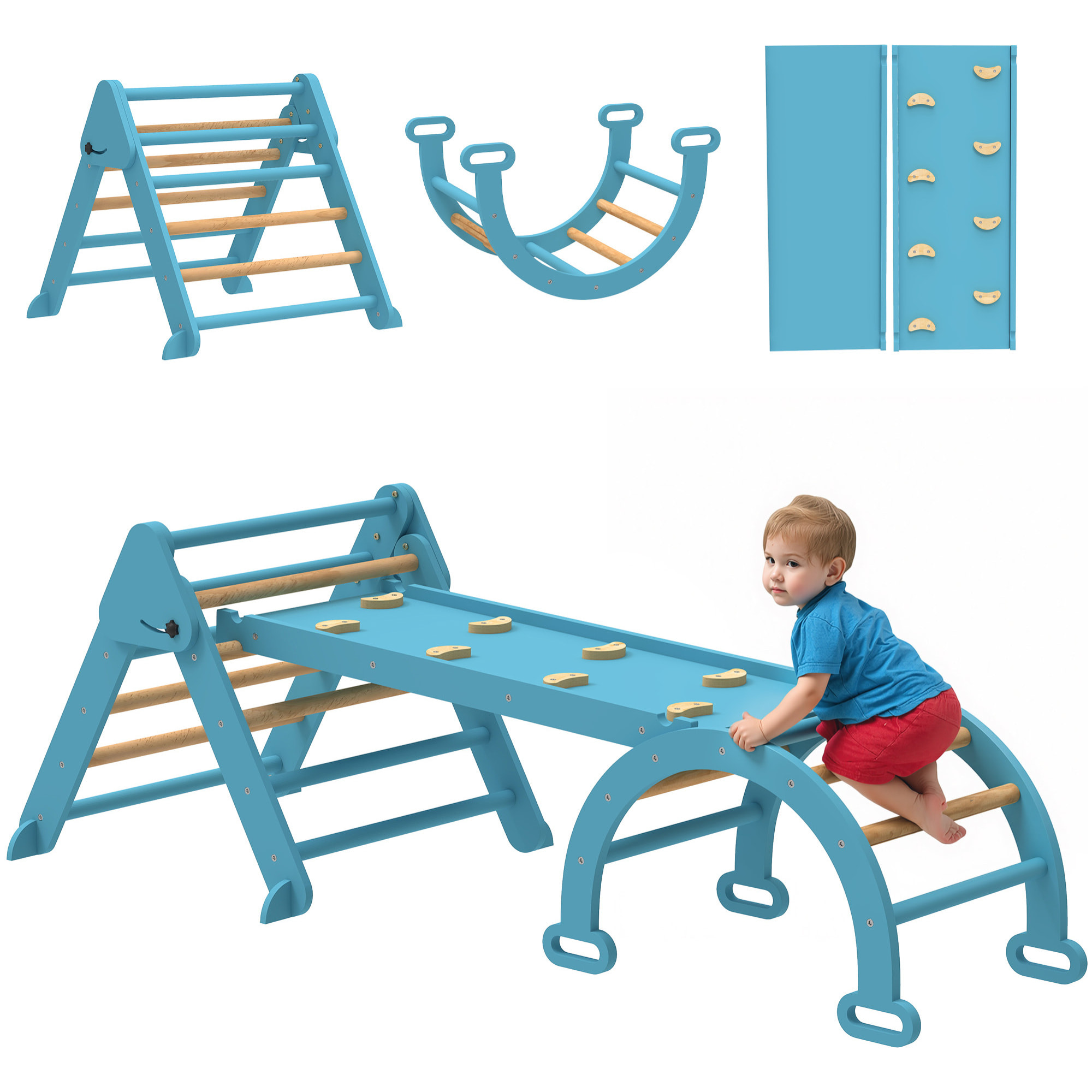 7 en 1 Triángulo de Escalada Montessori con Arco y Rampa, Escalada para Niños de Madera Plegable, para 18-48 Meses, para Deslizarse o Escalar, 188x70 cm, Azul