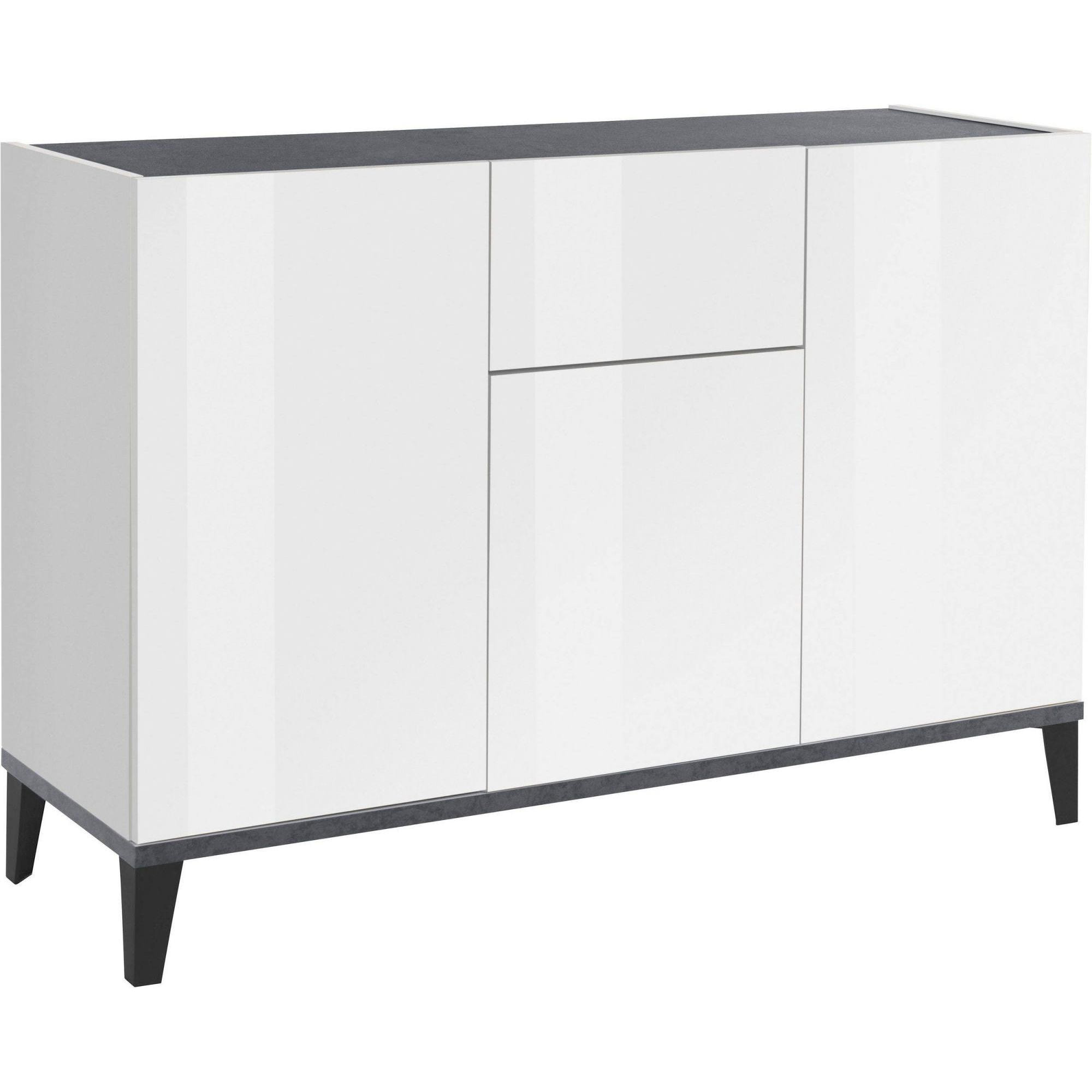 Credenza moderna a 3 ante e 1 cassetto, Made in Italy, Madia da cucina rialzata, Buffet di design da soggiorno, Cm 120x40h82, Bianco lucido e Ardesia