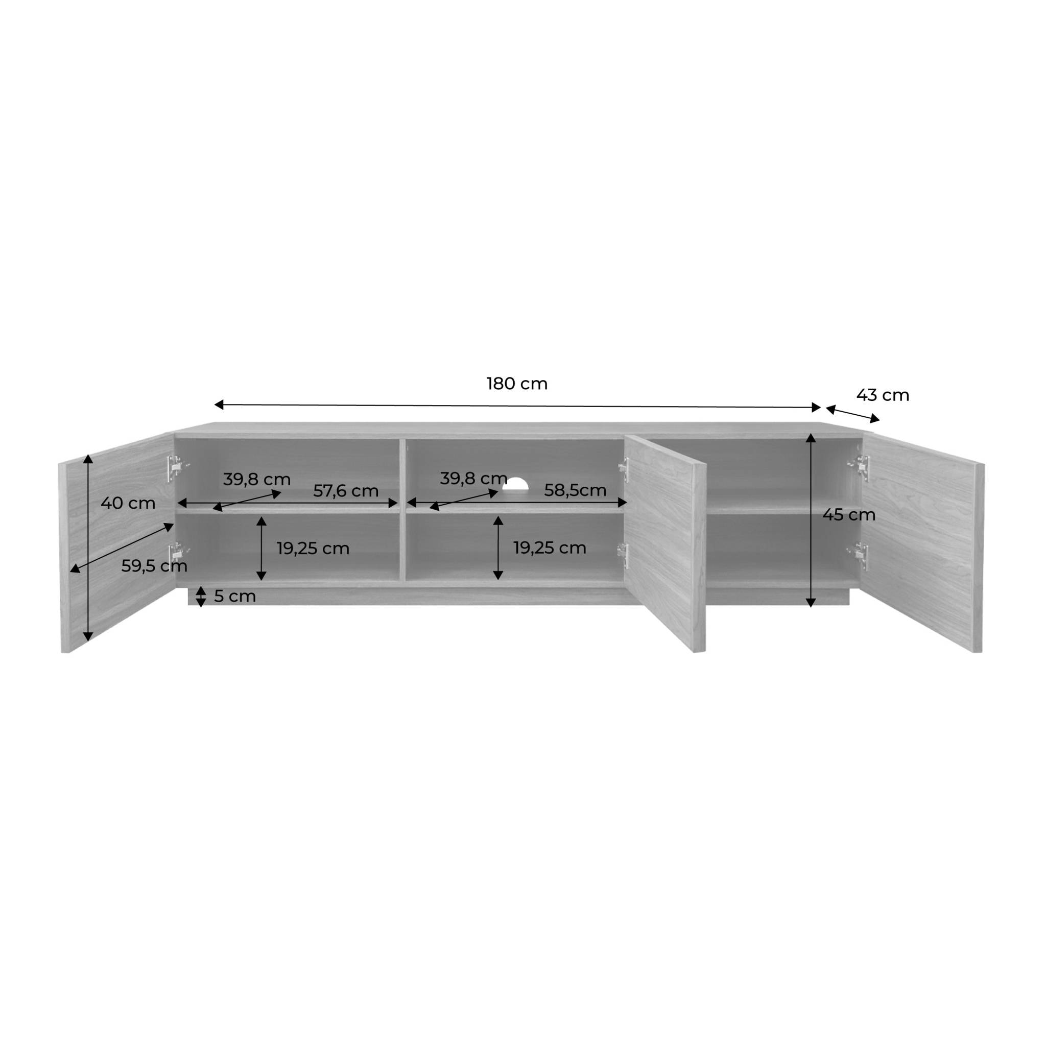 Meuble TV décor bois 3 portes naturel 180cm L 180 x P 43 x H 45cm - Kuba