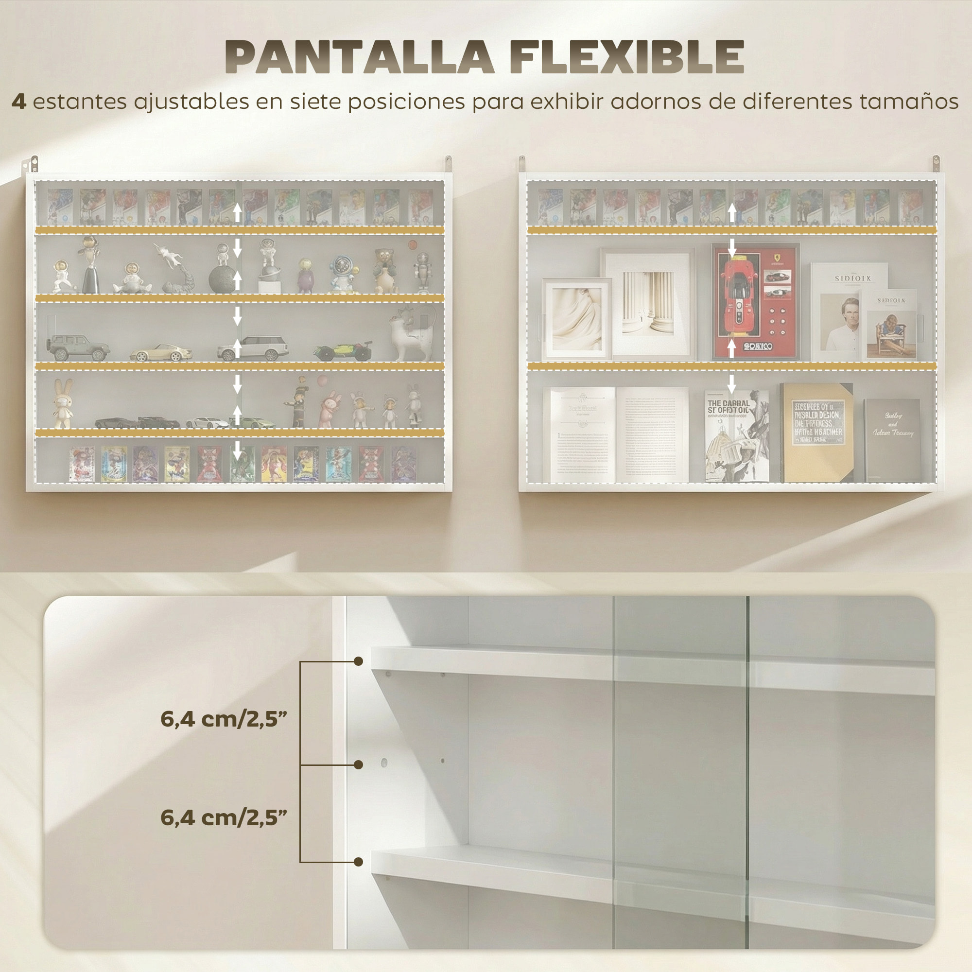 Vitrina Expositora para Colecciones de 5 Niveles, Vitrina de Pared, con Estantes Ajustables y 2 Puertas Correderas de Vidrio, para Perfumes, Figuras de Decoración, 80x9,5x60 cm, Blanco