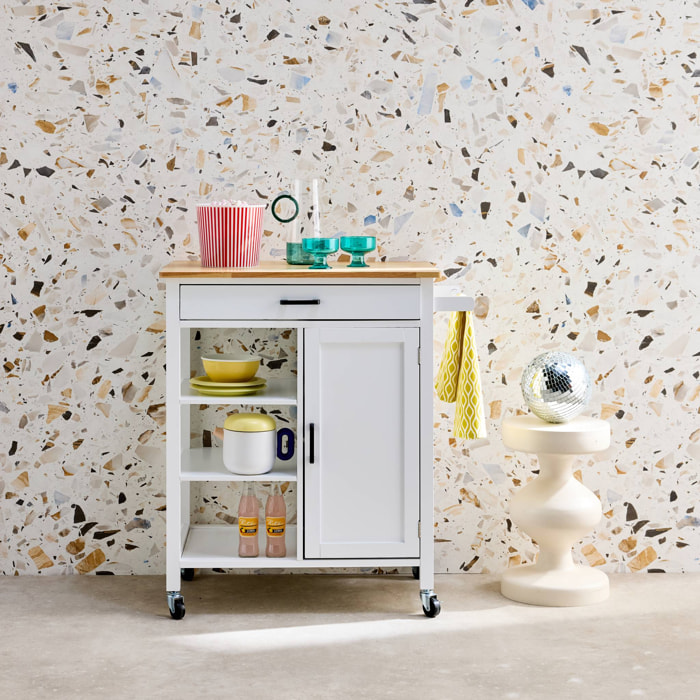 Desserte de cuisine blanche BENDOR plateau en bois d'hévéa. 83 x 47 x 91 cm. 1 poignée. 4 roues. 1 tiroir. 5 étagères. 1 porte. style contemporain