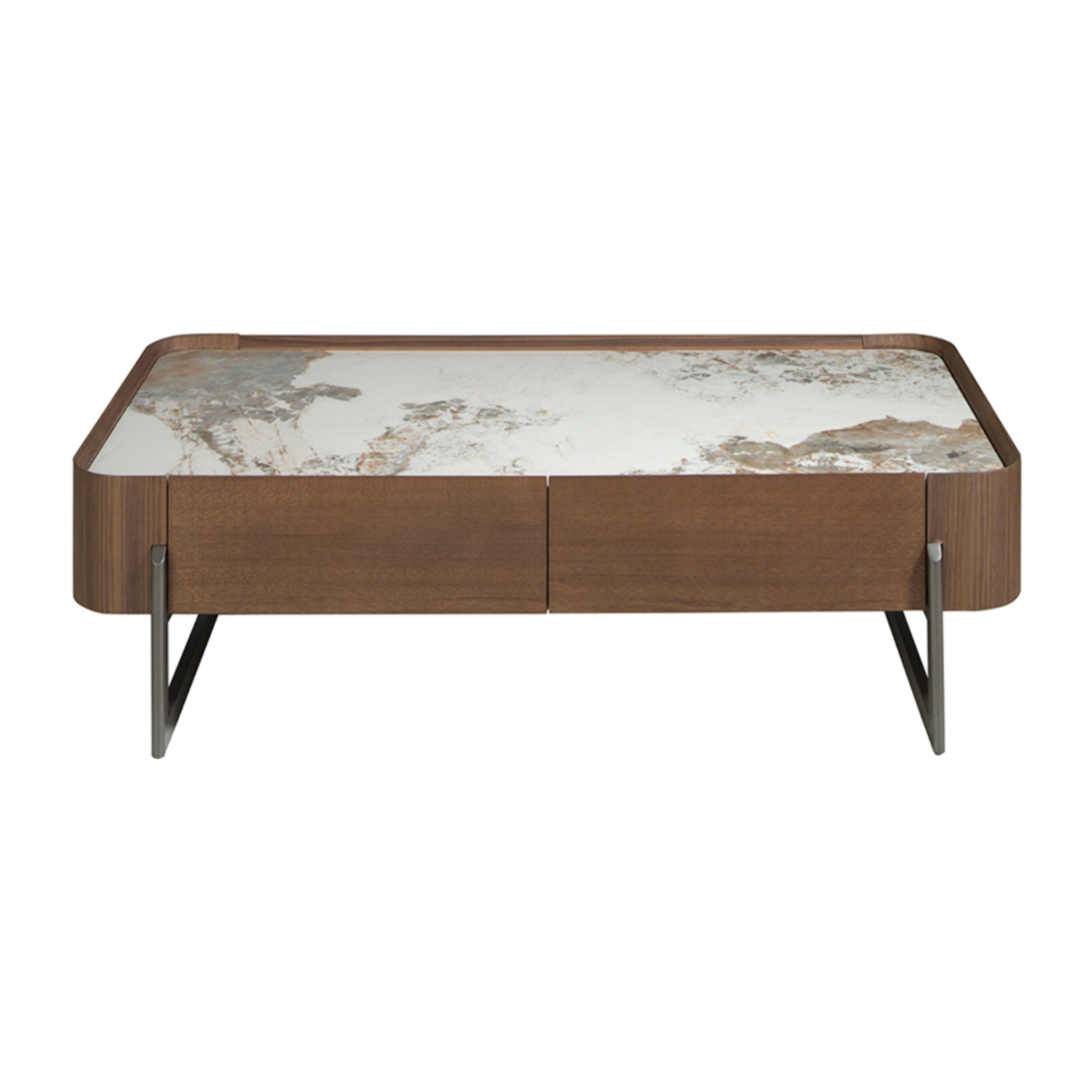 Mesa centro rectangular en madera chapada en nogal natural y tapa de mármol porcelánico blanco con vetas en tonos tierra en brillo 140x75x40cm