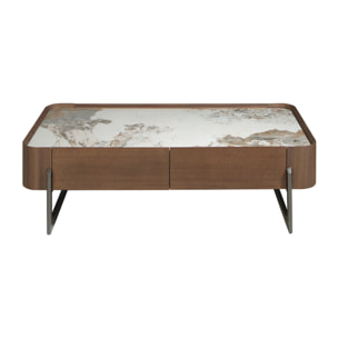 Mesa centro rectangular en madera chapada en nogal natural y tapa de mármol porcelánico blanco con vetas en tonos tierra en brillo 140x75x40cm