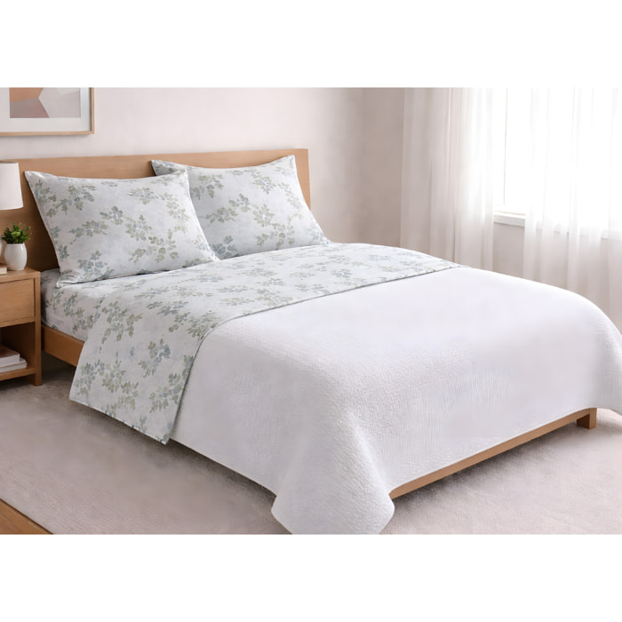 Completo Lenzuola 100% Cotone Made in Italy Fantasia Floreale Disegno Petalo Verde