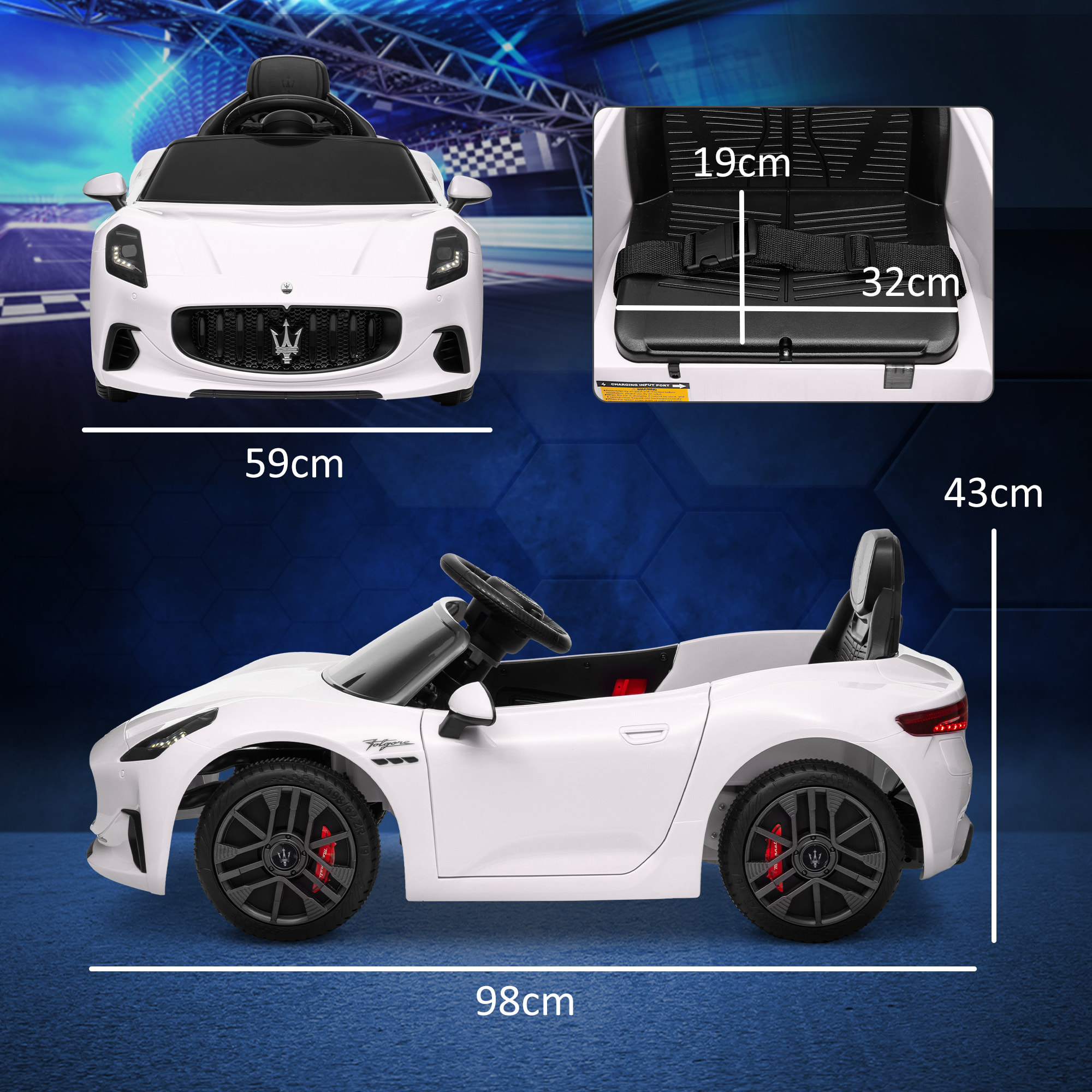 Coche Eléctrico para Niños de +3 Años Maserati Gran Turismo Folgore Coche Eléctrico con Batería 12V Mando a Distancia Faros Bocina y Música MP3 Blanco