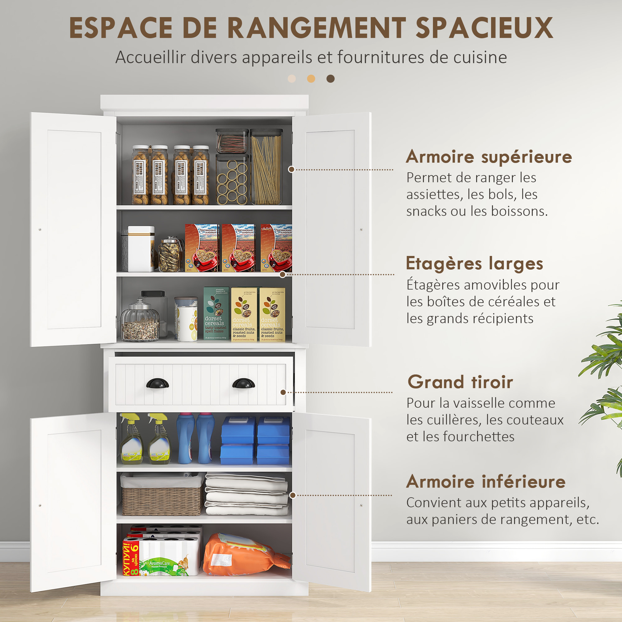 Buffet haut multi-rangement - 4 portes, grand tiroir - dim. 76L x 40l x 183H cm - blanc effet bois clair