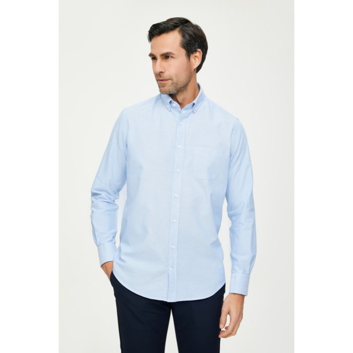 Camicia Uomo 1 Bottone Button Down Slim Oxford Lavato Unito Celeste