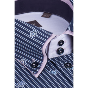 Camicia Uomo 2 Bottoni Button Down 7bottoni Doppio Coll Popeline Riga Media Blu\Bianco