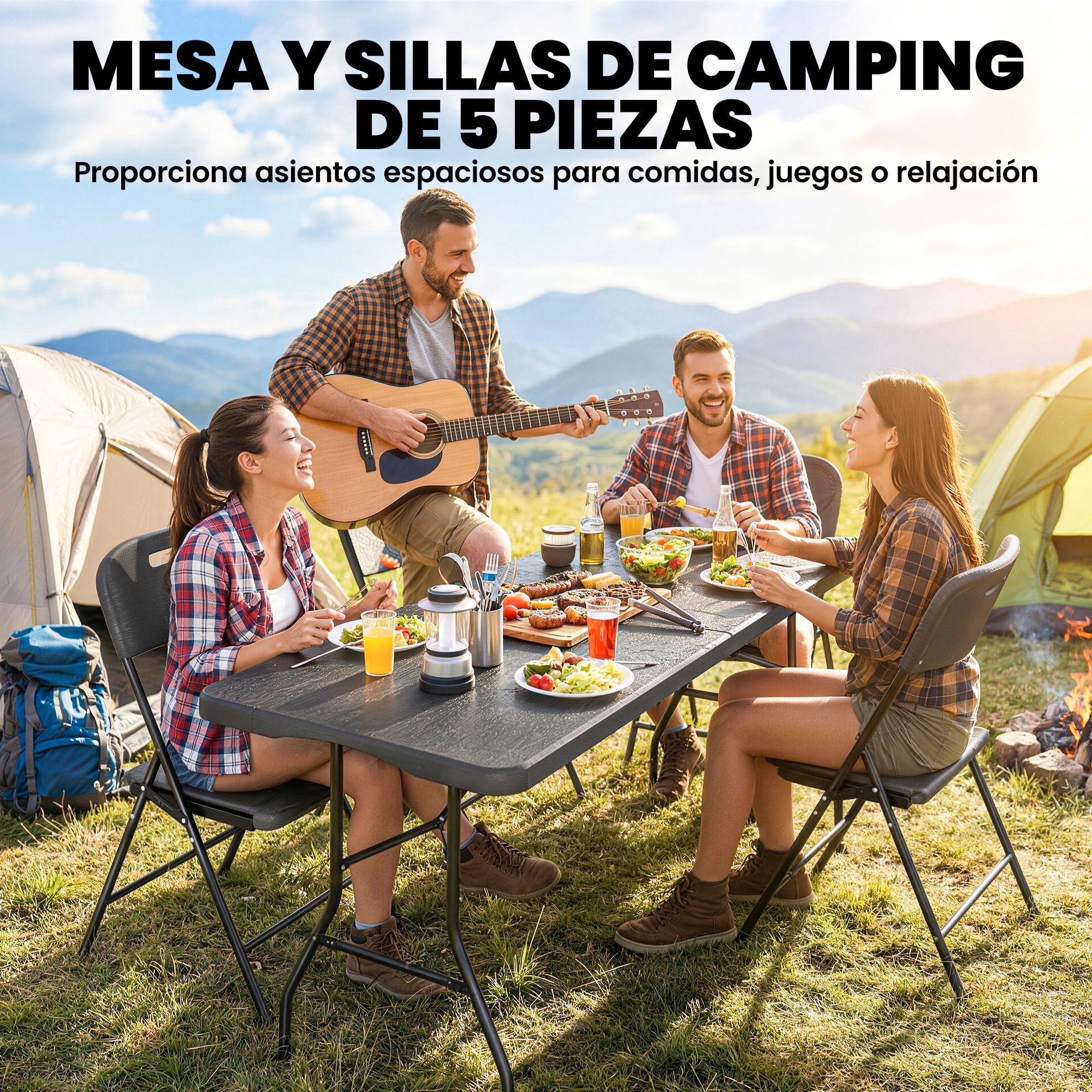 Conjunto de Camping Plegable de 5 Piezas Mesa Plegable Camping con Sillas Incluye 1 Mesa 180x74x74 cm y 4 Sillas Tapa Impermeable HDPE y Estructura de Metal para Acampadas Jardín Pícnic Negro