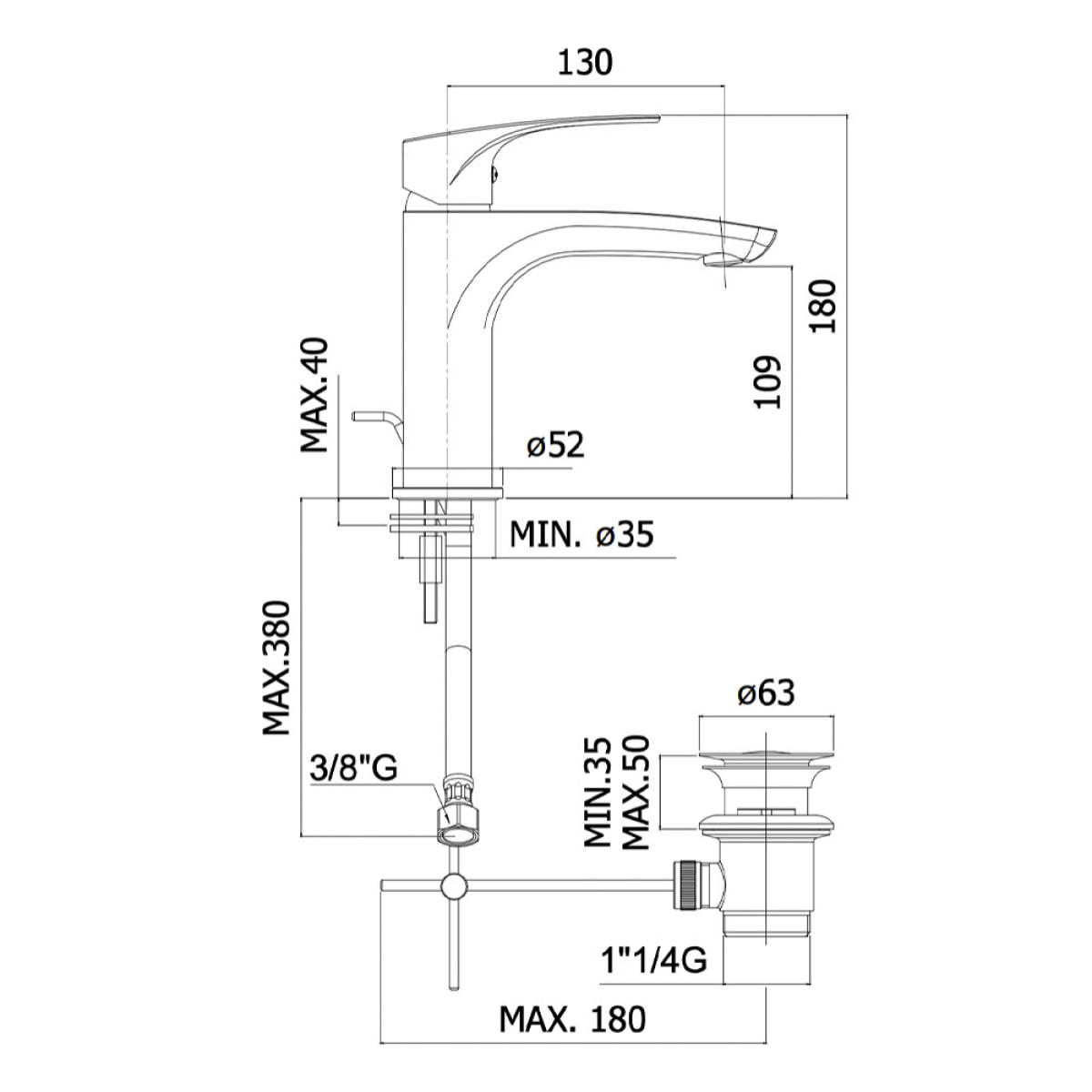 Project mitigeur monocommande 1/2" Lavabo, avec tirette et vidage, Chrome (SATBSPRO275)