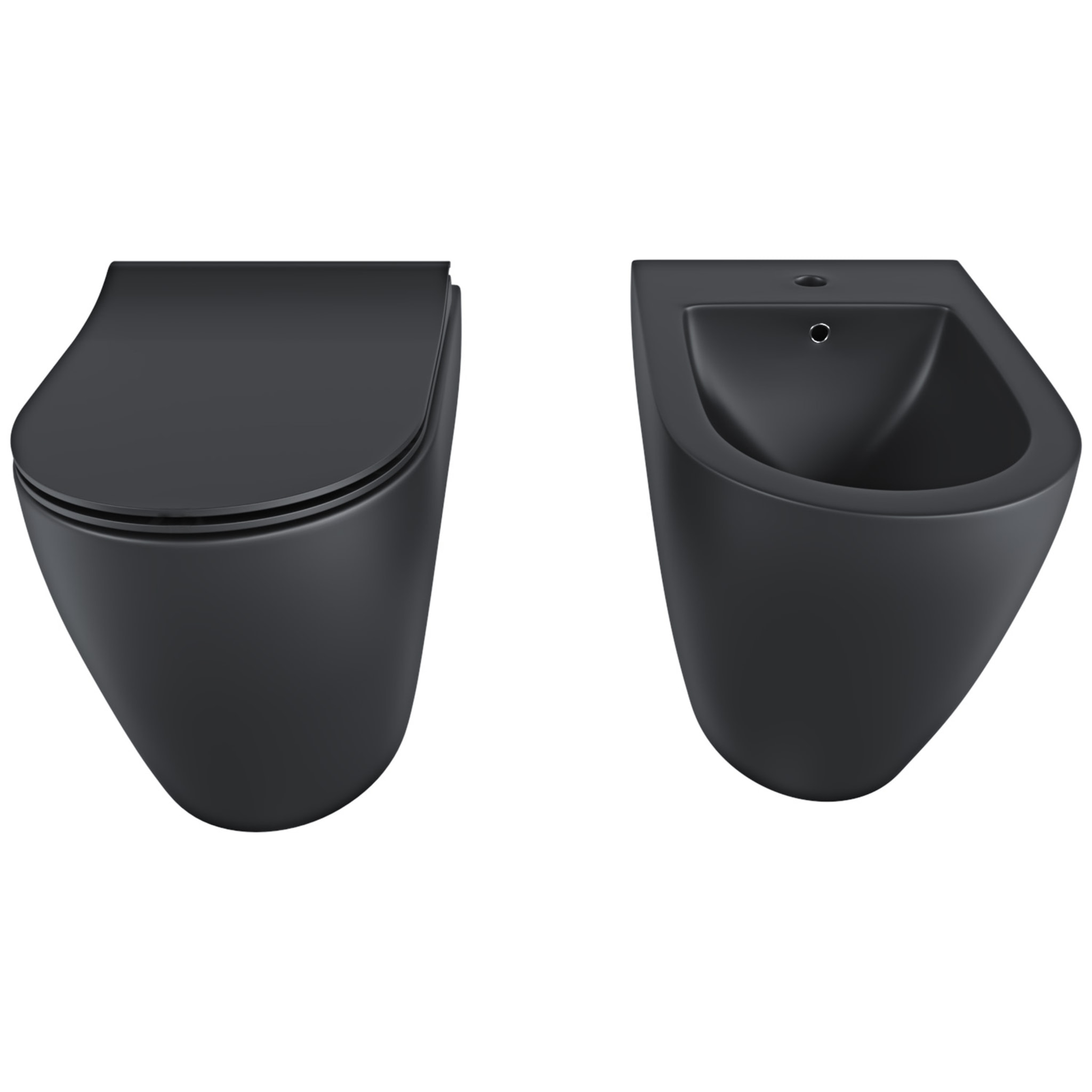 Coppia Sanitari Filomuro Filo Muro Filo Parete Vaso WC E Bidet Design Moderno Ceramica Copriwater Chiusura Soft Close Chiusura Rallentata Nero Opaco