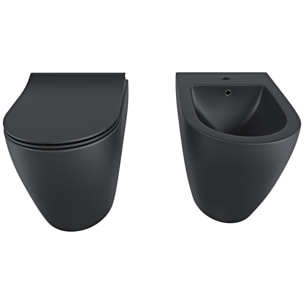 Coppia Sanitari Filomuro Filo Muro Filo Parete Vaso WC E Bidet Design Moderno Ceramica Copriwater Chiusura Soft Close Chiusura Rallentata Nero Opaco