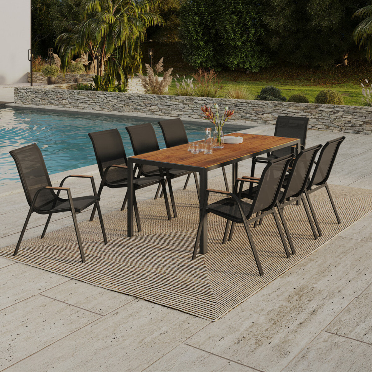 Ensemble repas Timbia 8 places verre trempé effet bois