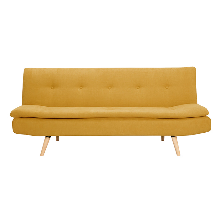 Canapé convertible 3 places en tissu effet velours jaune moutarde et bois clair SENSO