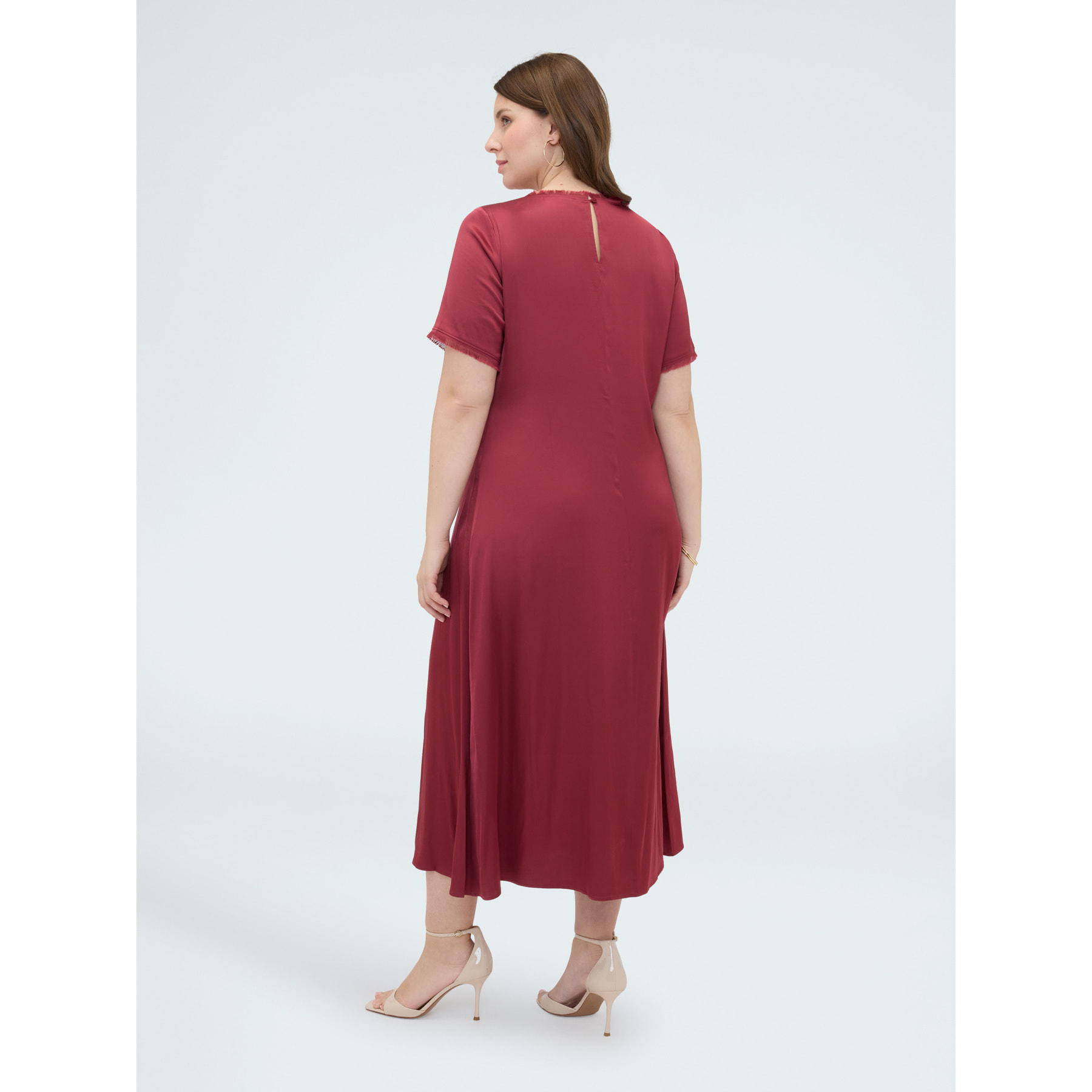 Fiorella Rubino - Vestido línea A en raso con detalles deshilachados - Rojo