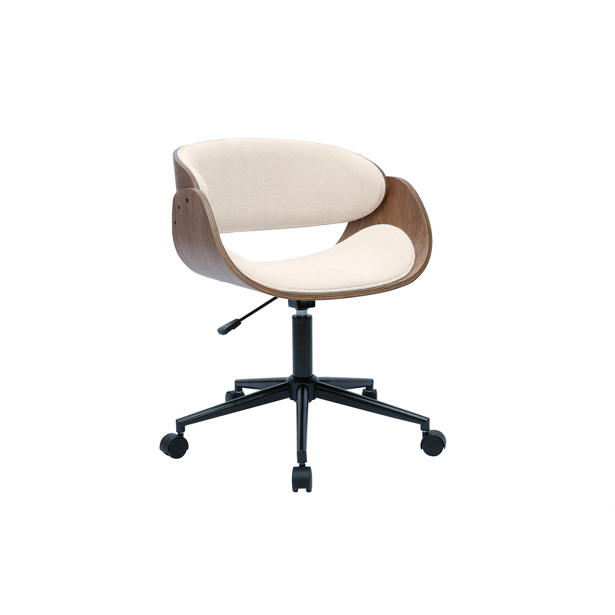 Chaise de bureau à roulettes design en bois foncé et tissu effet velours texturé beige BENT