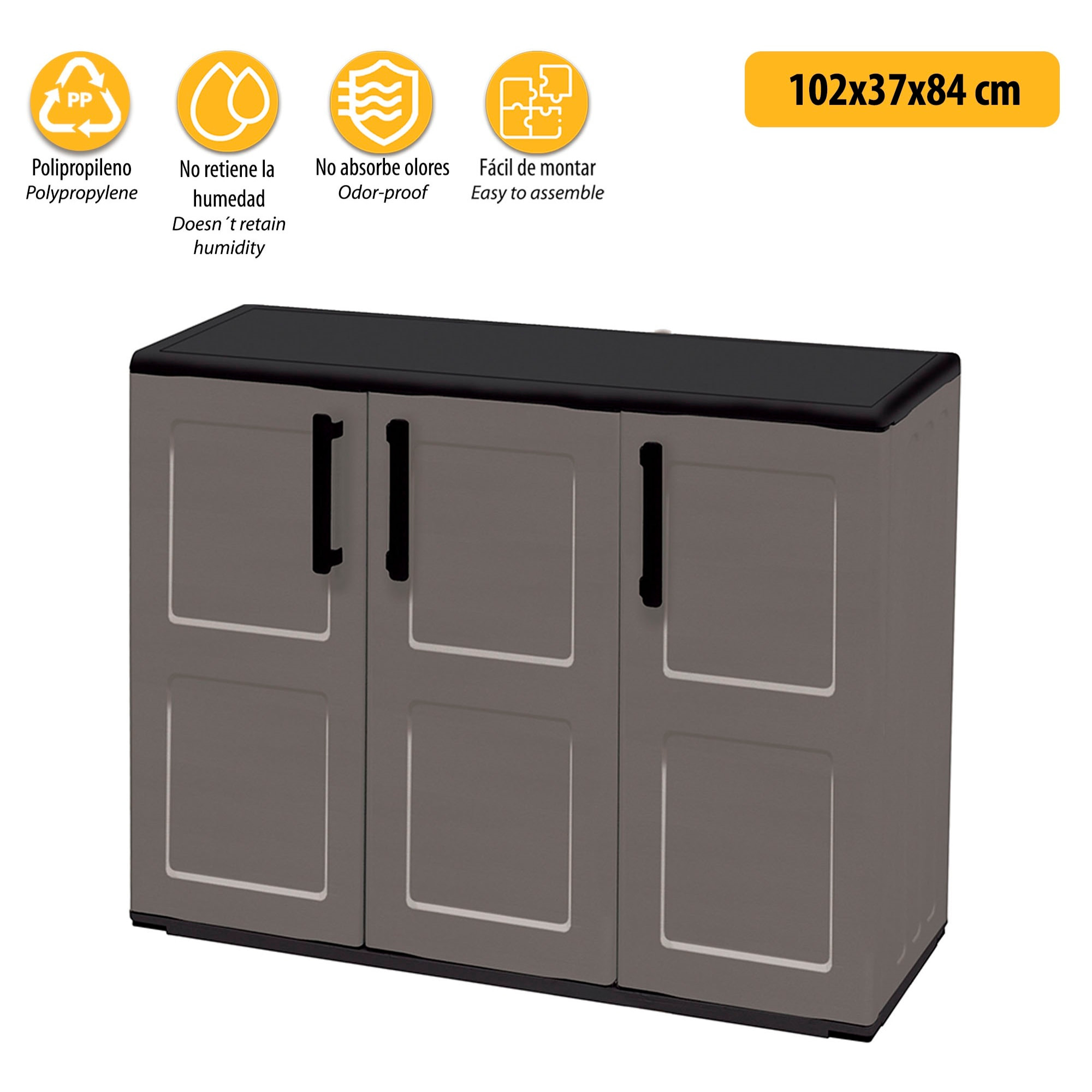 Armario de mediana altura en polipropileno, material reciclable y ecológico sostenible, está equipado con bisagras de acero y estantes ajustables, dim