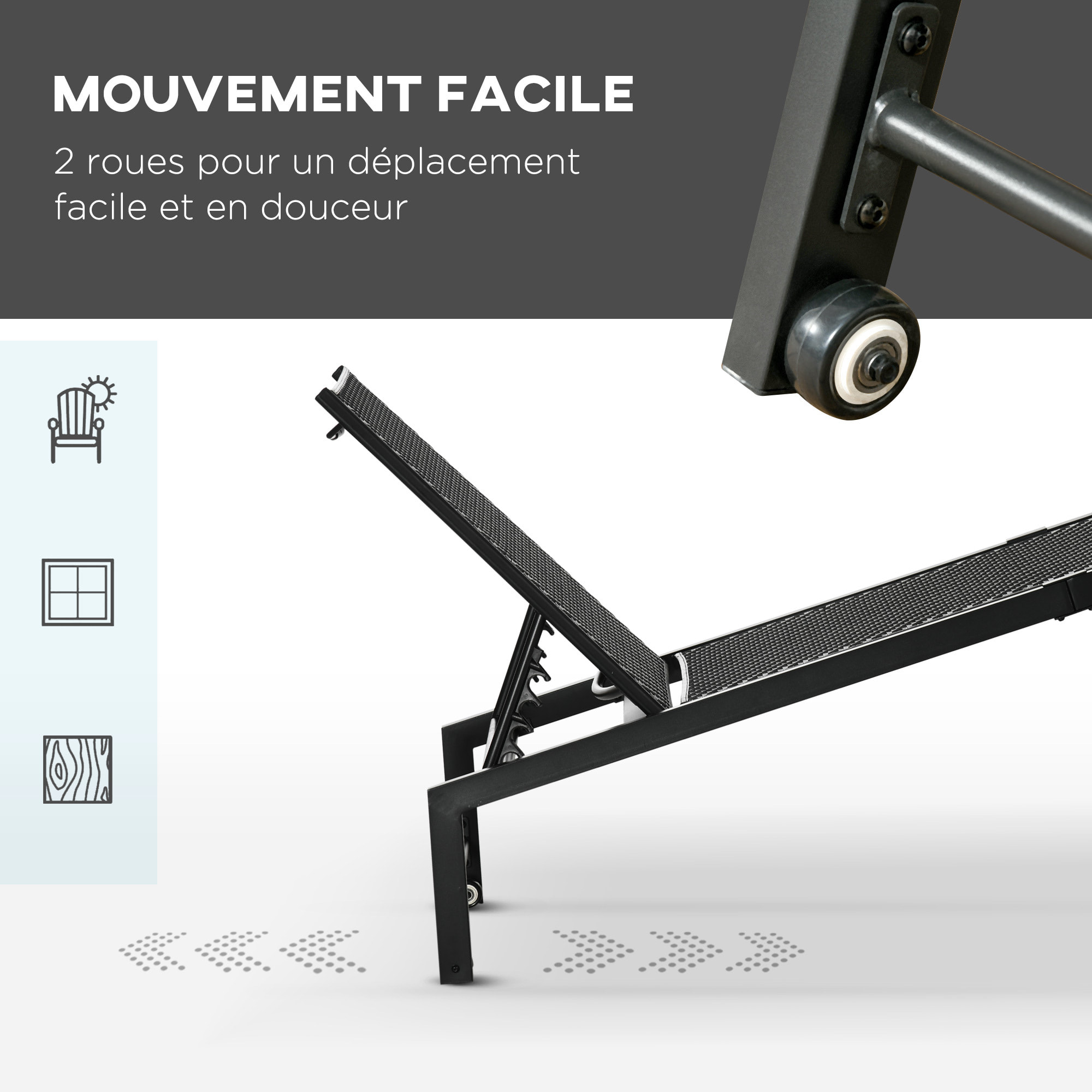 Bain de soleil transat grand confort - dossier inclinable 5 positions roulettes - châssis alu. résine tressée noire