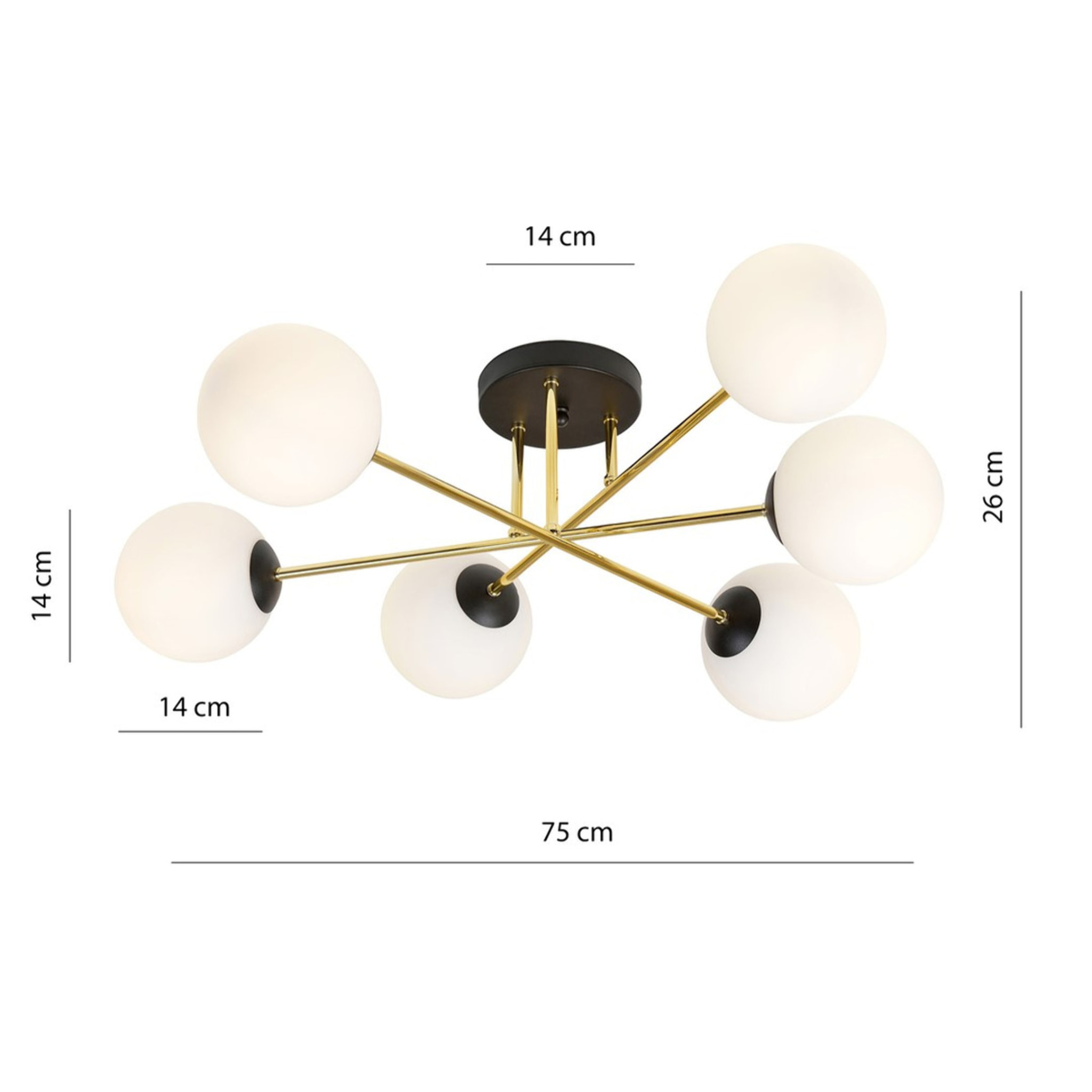 Lampada a sospensione Magnum in acciaio nero e oro con sfere in vetro bianco
