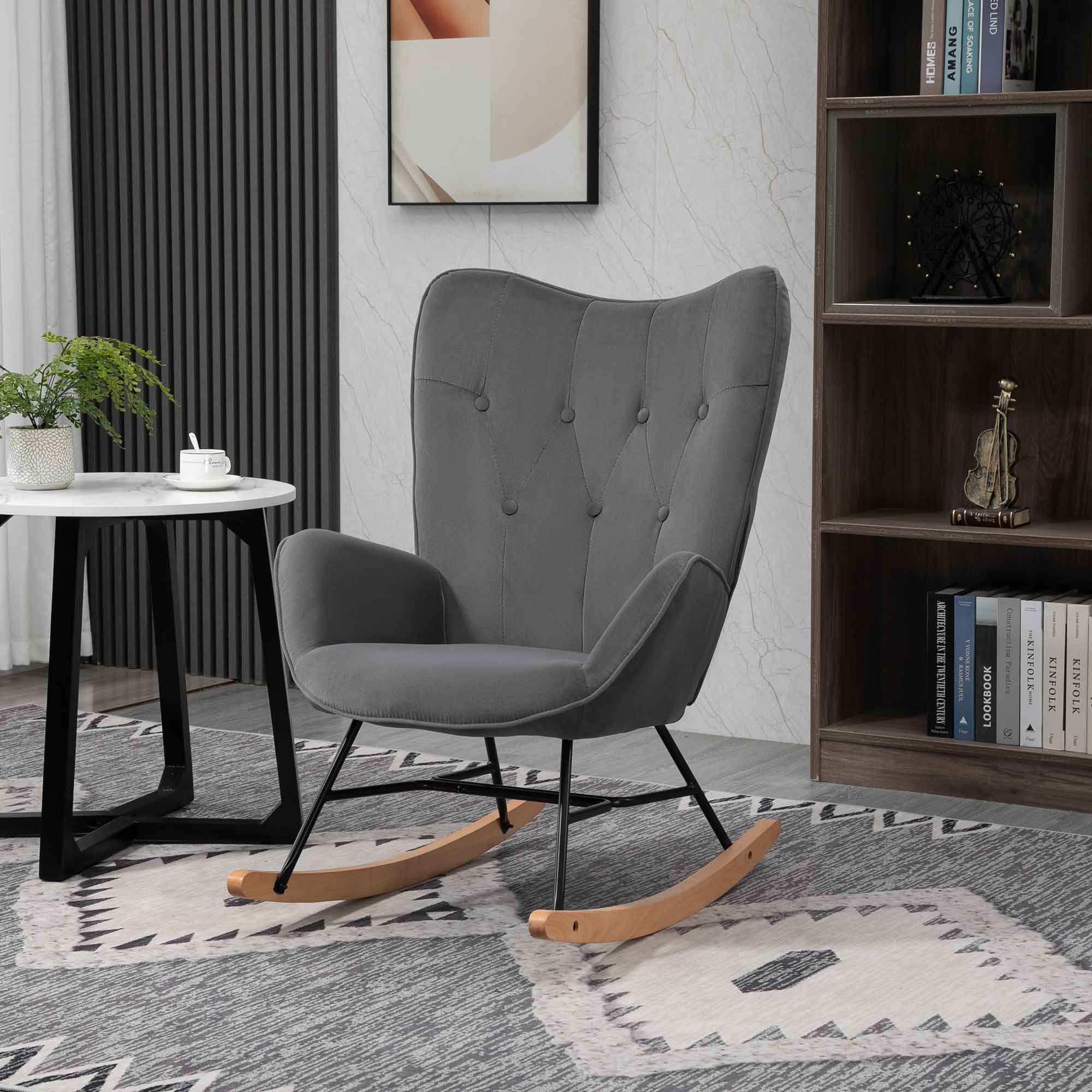 Fauteuil à bascule oreilles rocking chair grand confort accoudoirs assise dossier garnissage mousse haute densité aspect velours anthracite