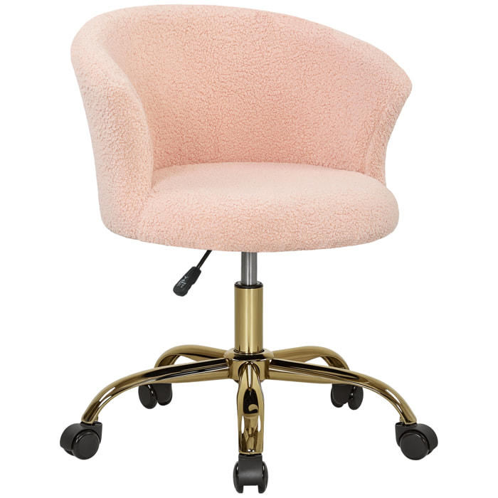 Chaise de bureau design effet courte laine bouclée piètement métal doré rose