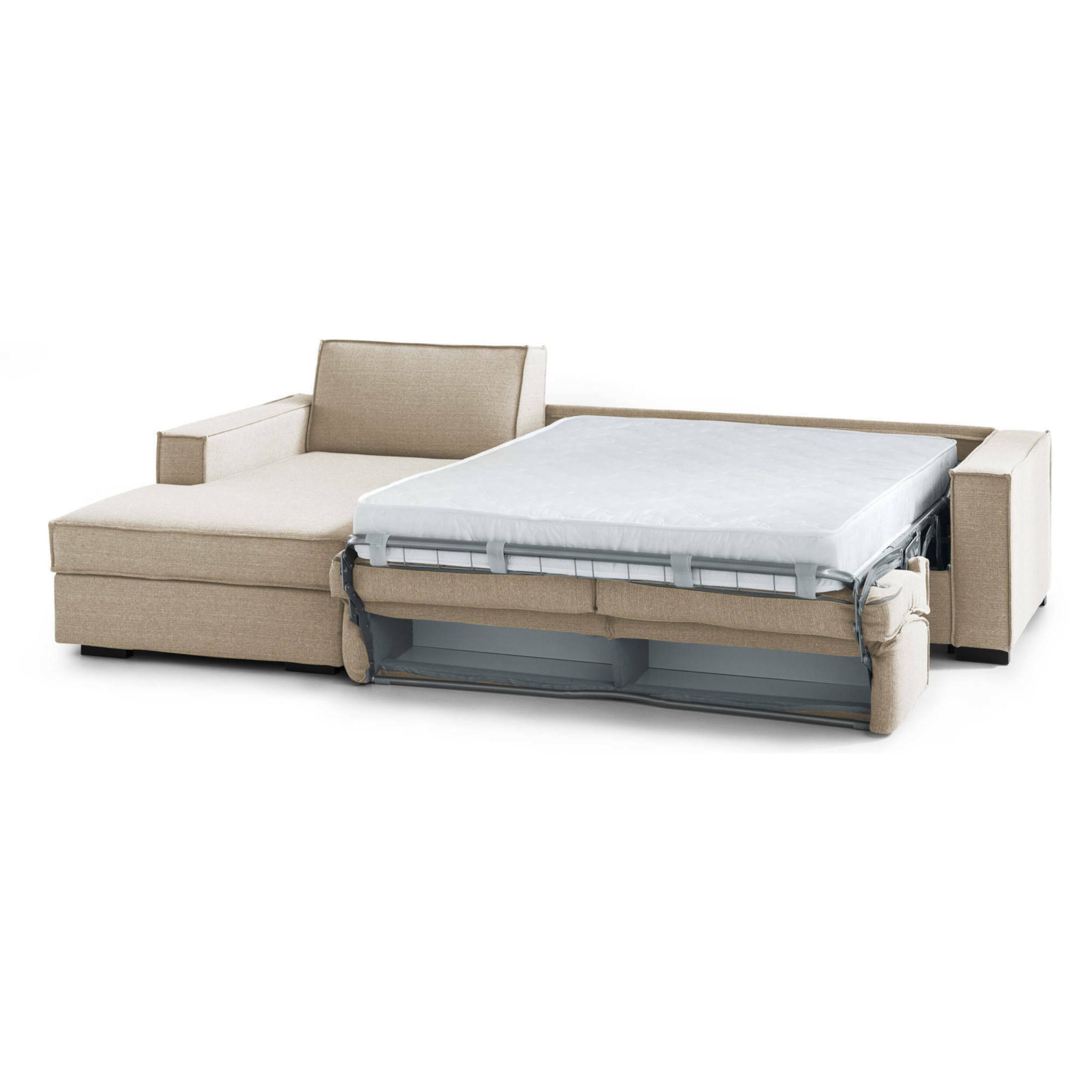 Divano letto con penisola Albenga, Sofà apertura girevole, Penisola contenitore Sinistra, Braccioli slim, 100% Made in Italy, Cm 260x95h90, Beige