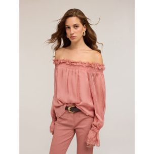 Motivi - Blusa escote bardot de gasa - Rosa